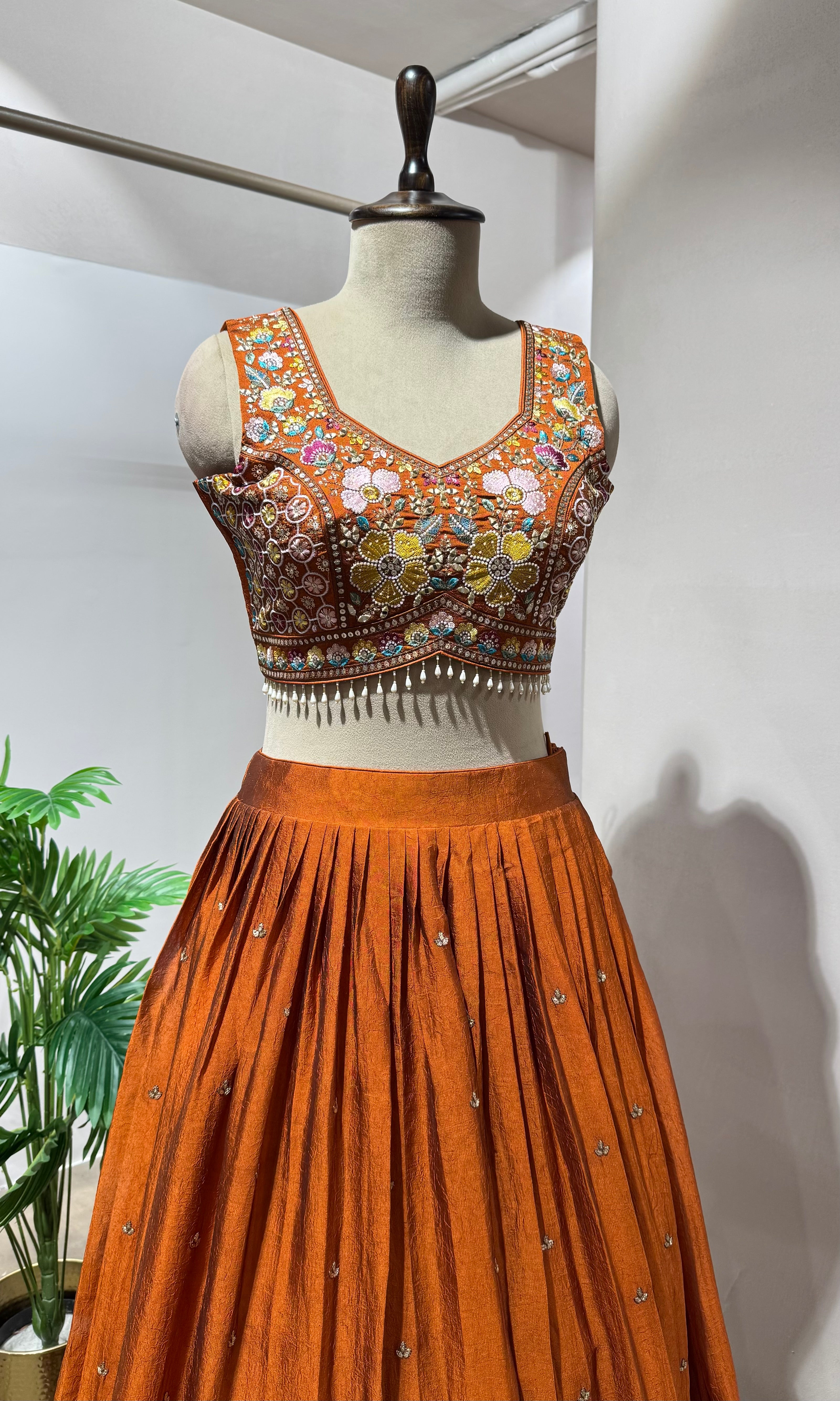 Rust FLORAL EMBROIDERED LEHENGA SET