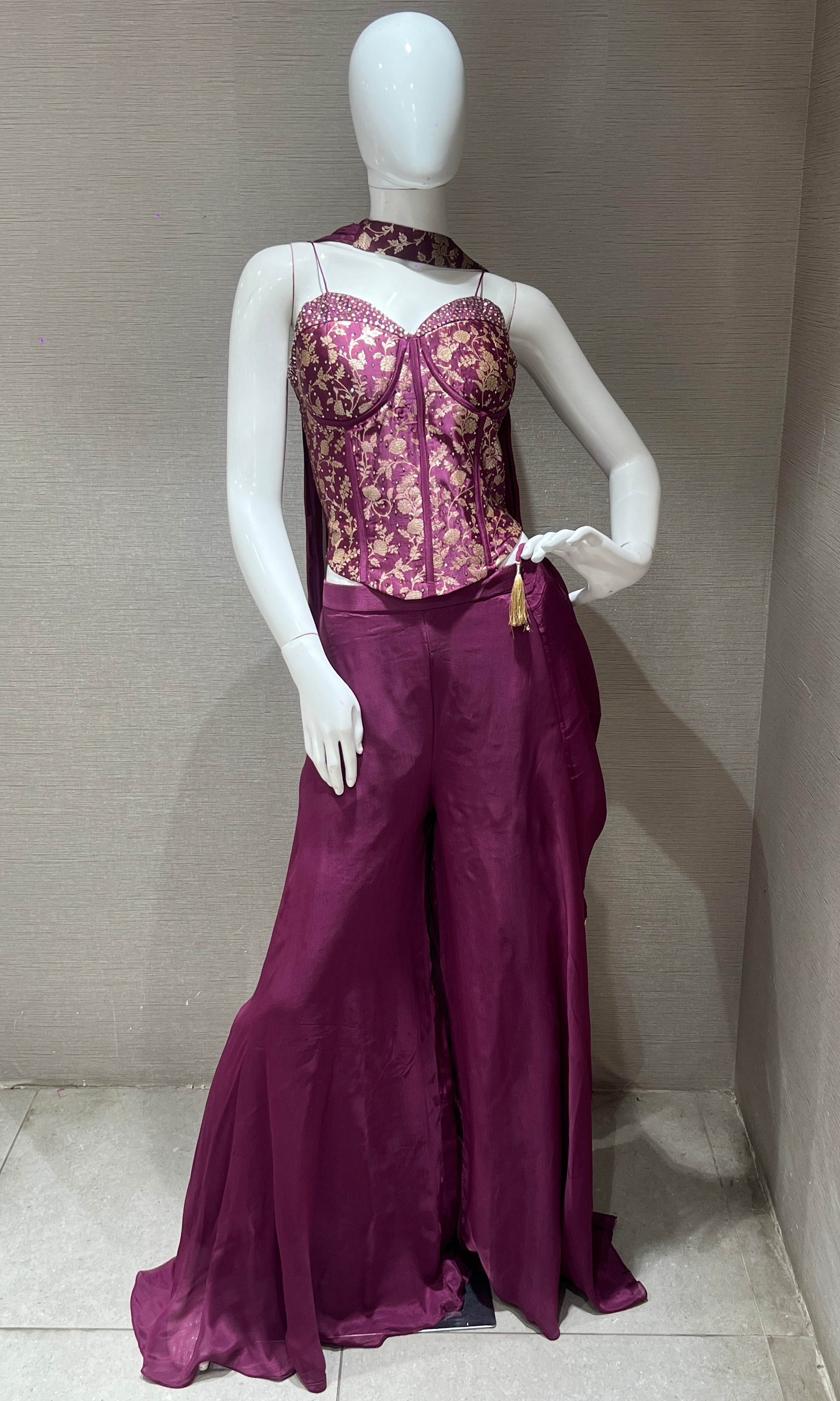 Wine Embroidered Corset Palazzo