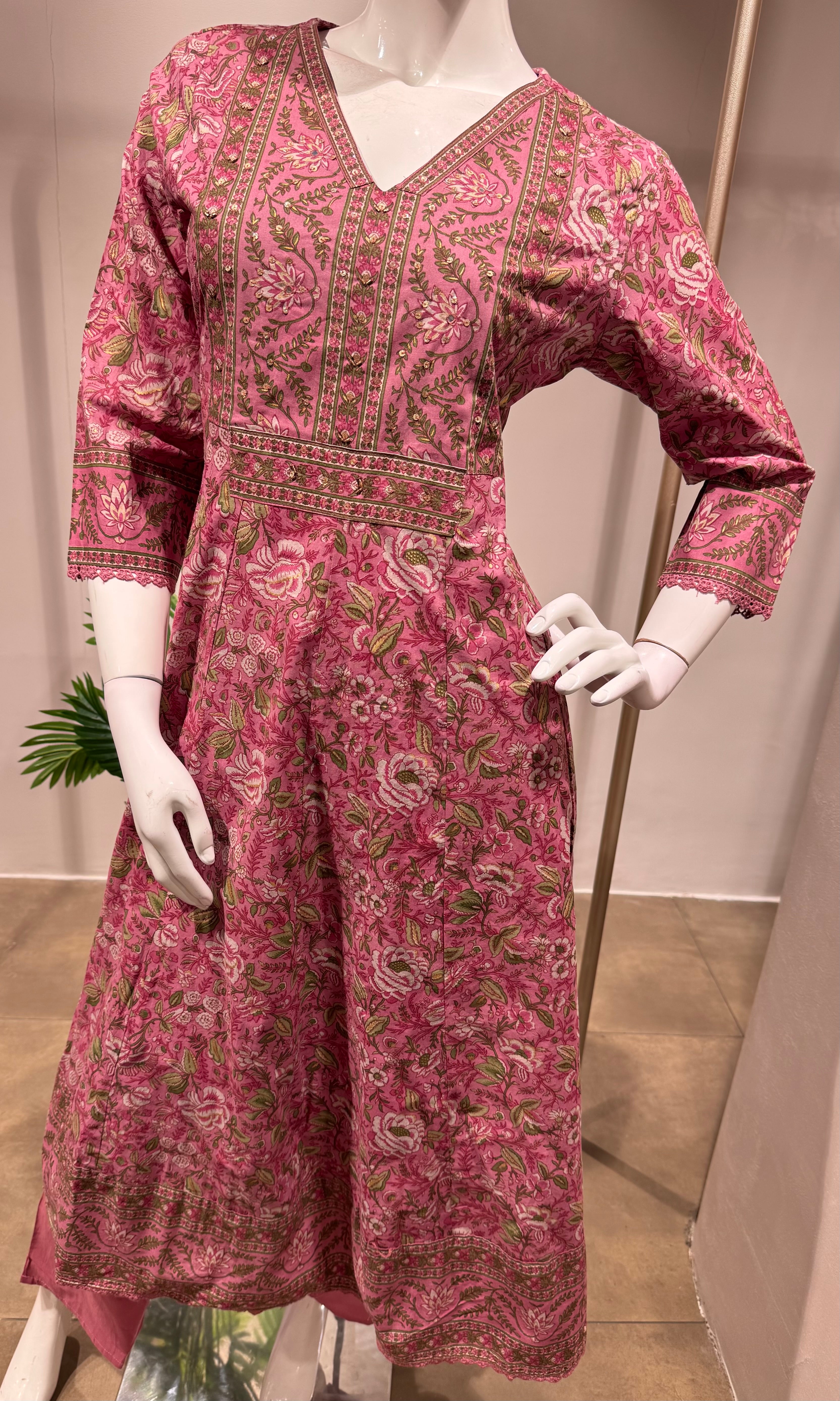 PINK Printed Pure Cotton Anarkali Kurta Set