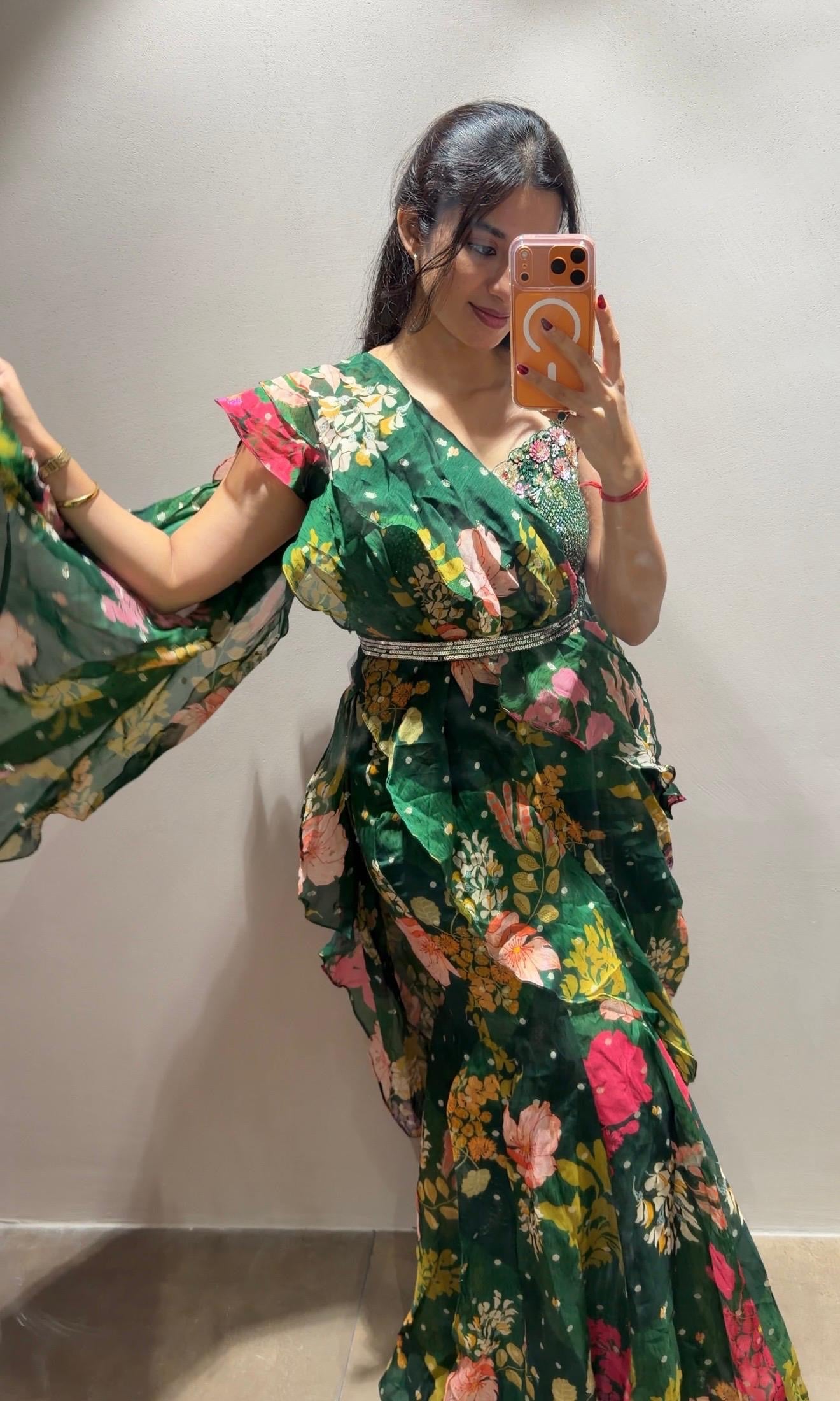 Green MULTI FLORAL drape saree