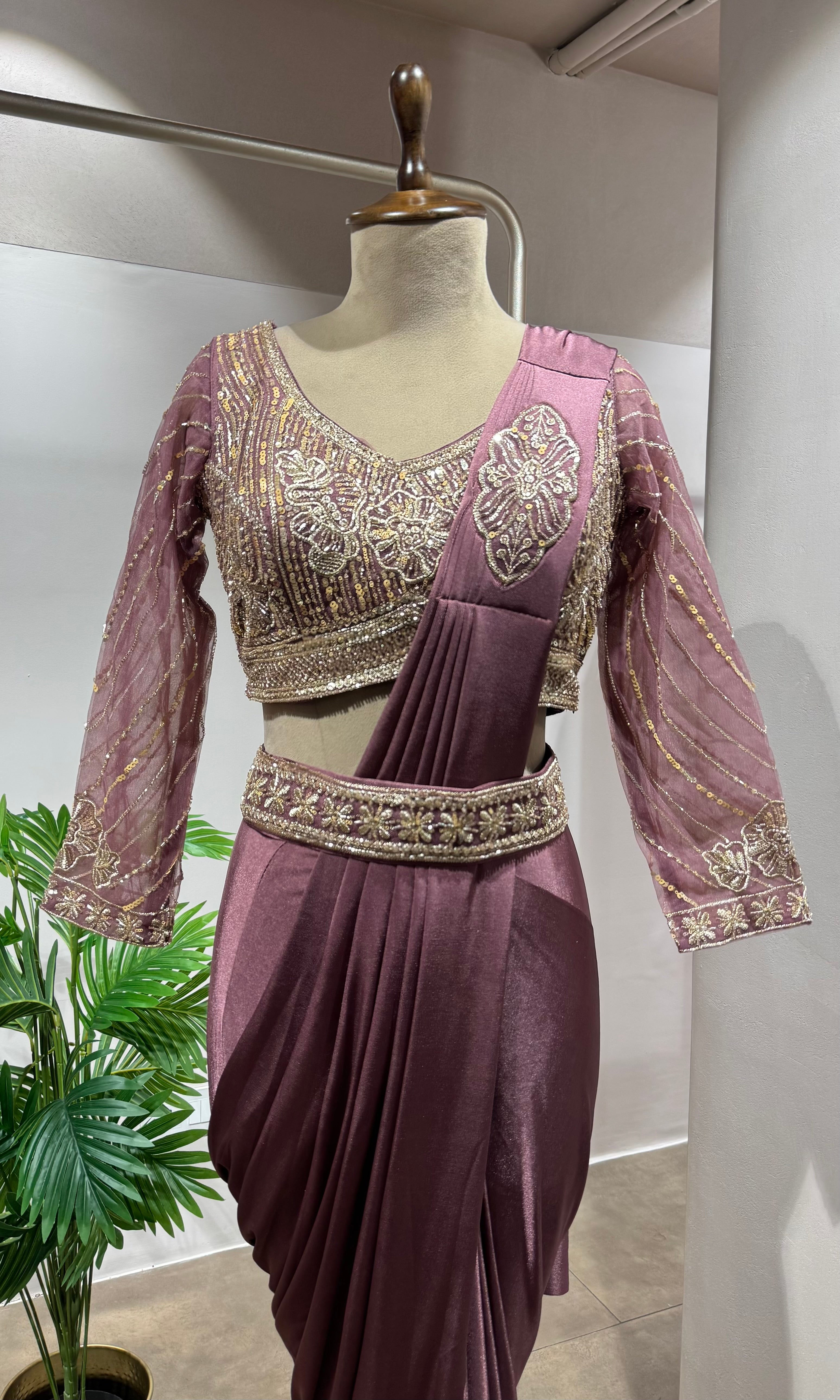 WINE DRAPE SAREE WITH ETHNIC BLOUSE & BELT