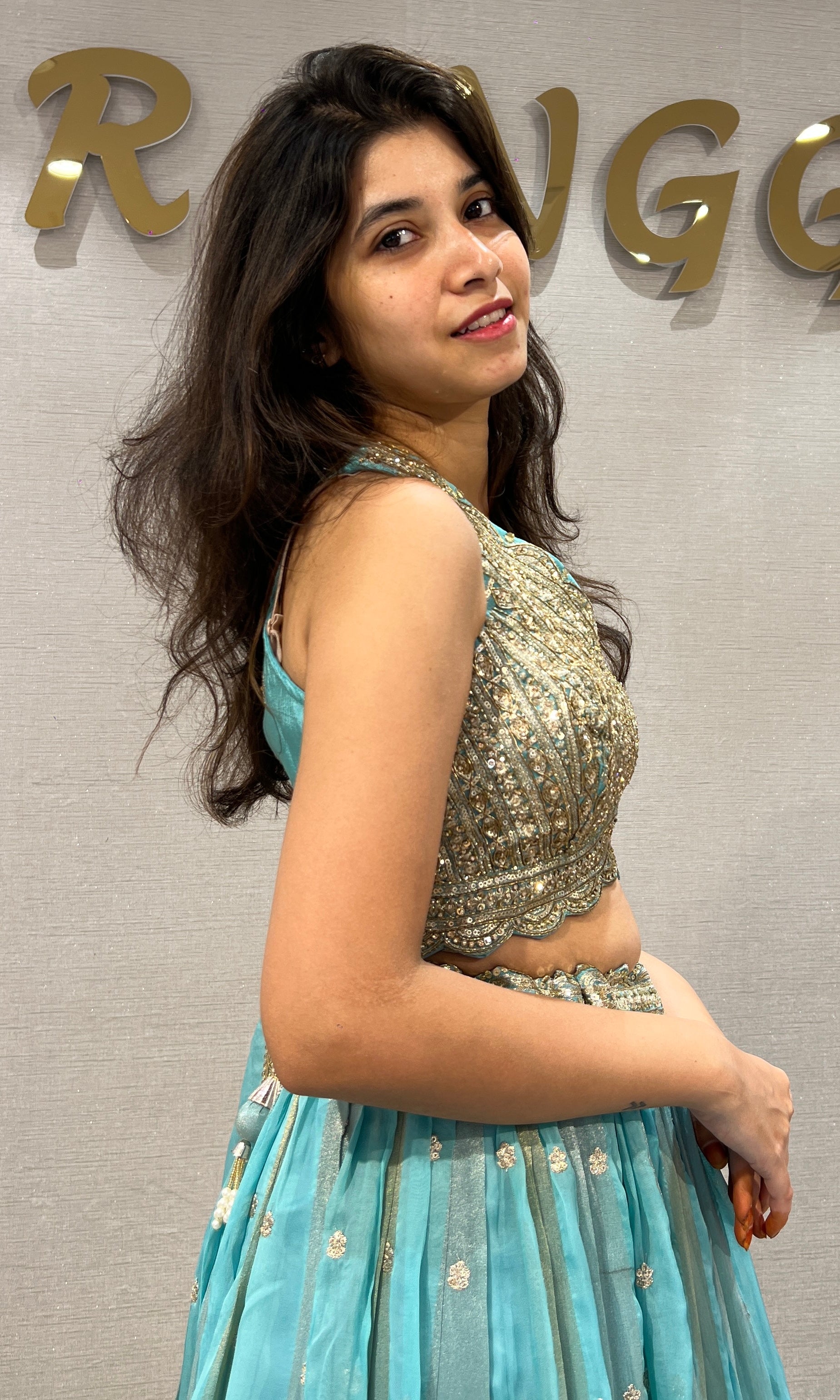 Sea Blue & Metallic Gold Embroidered Lehenga
