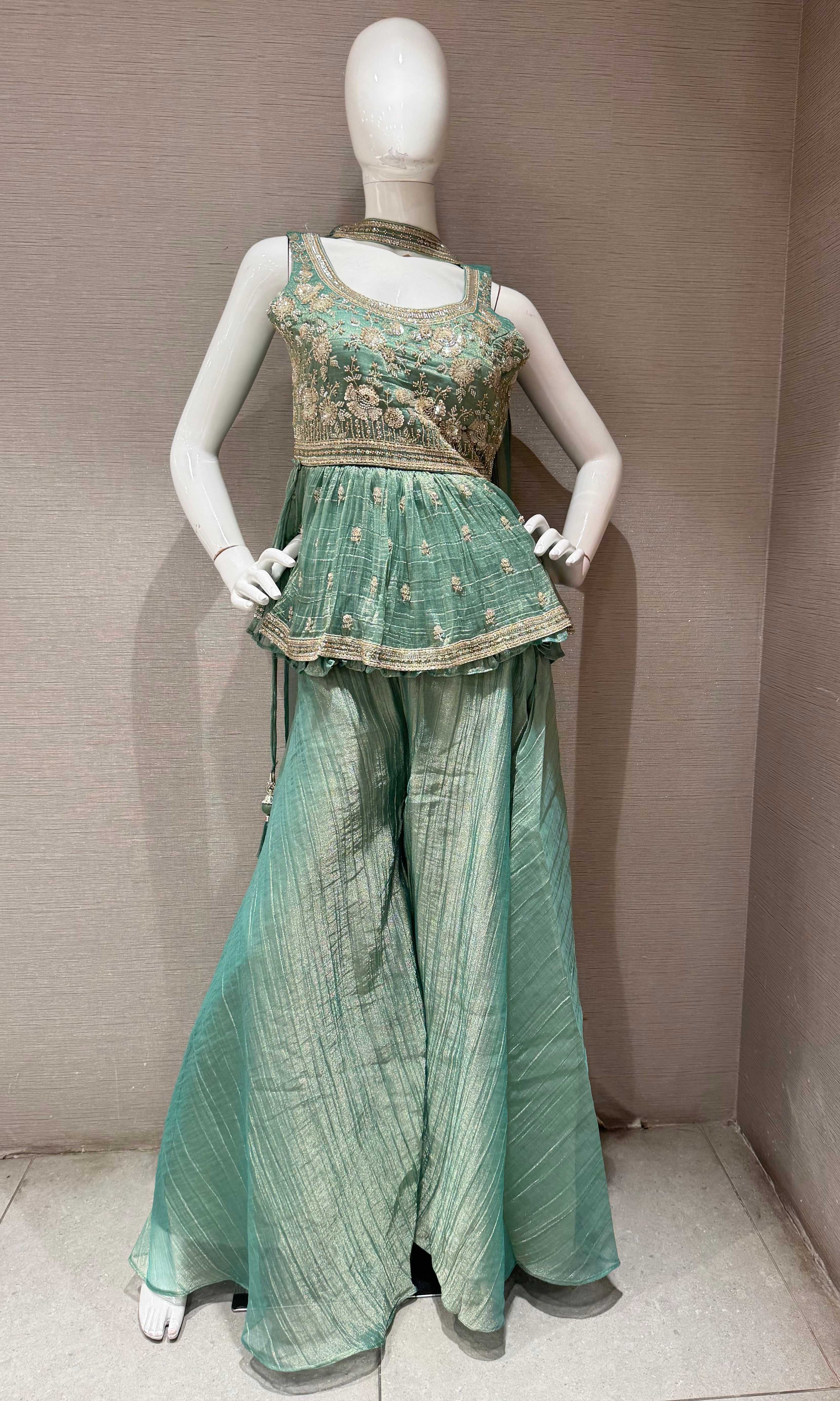 Pista Green Embellished Peplum Sharara set