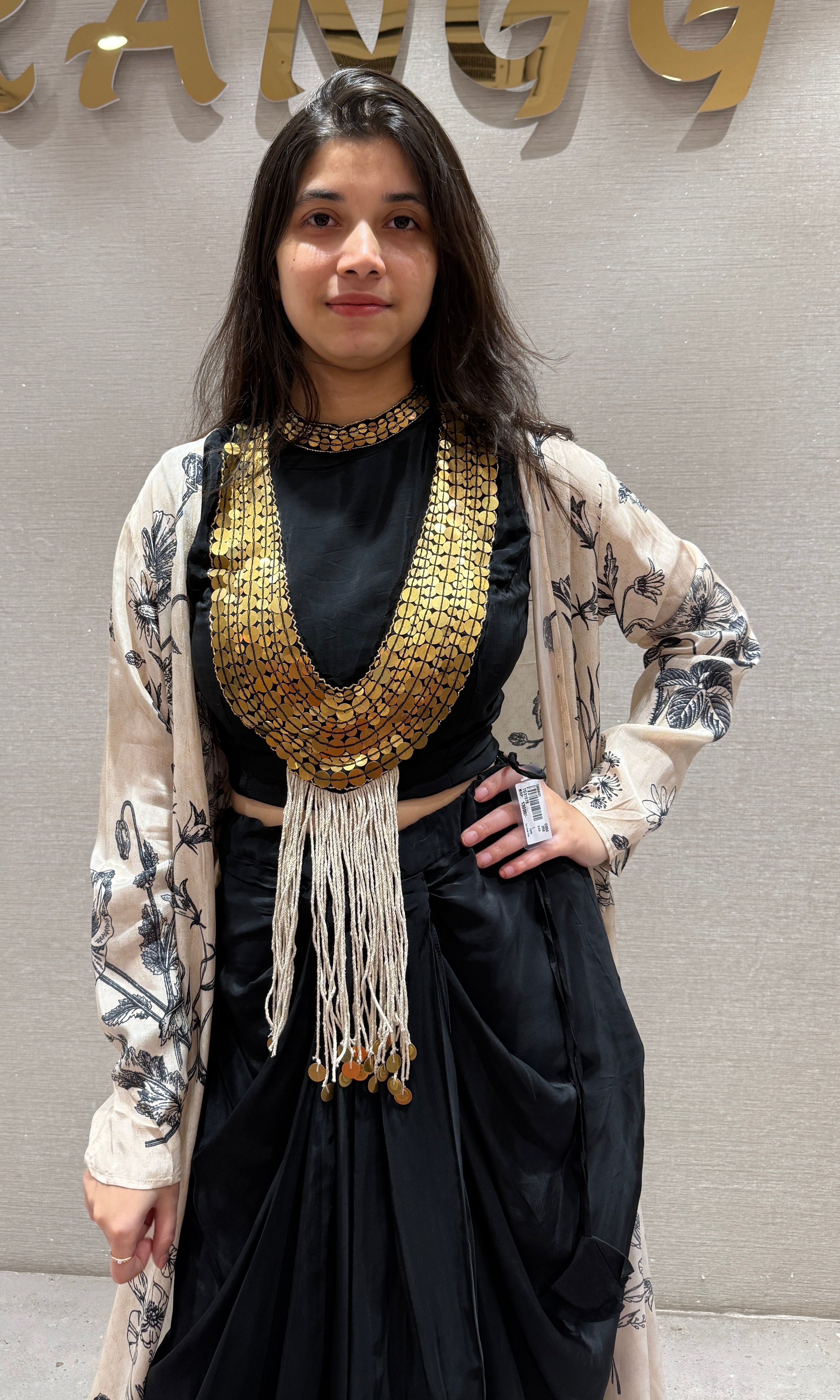 Midnight Black skirt with Printed Long Jacket