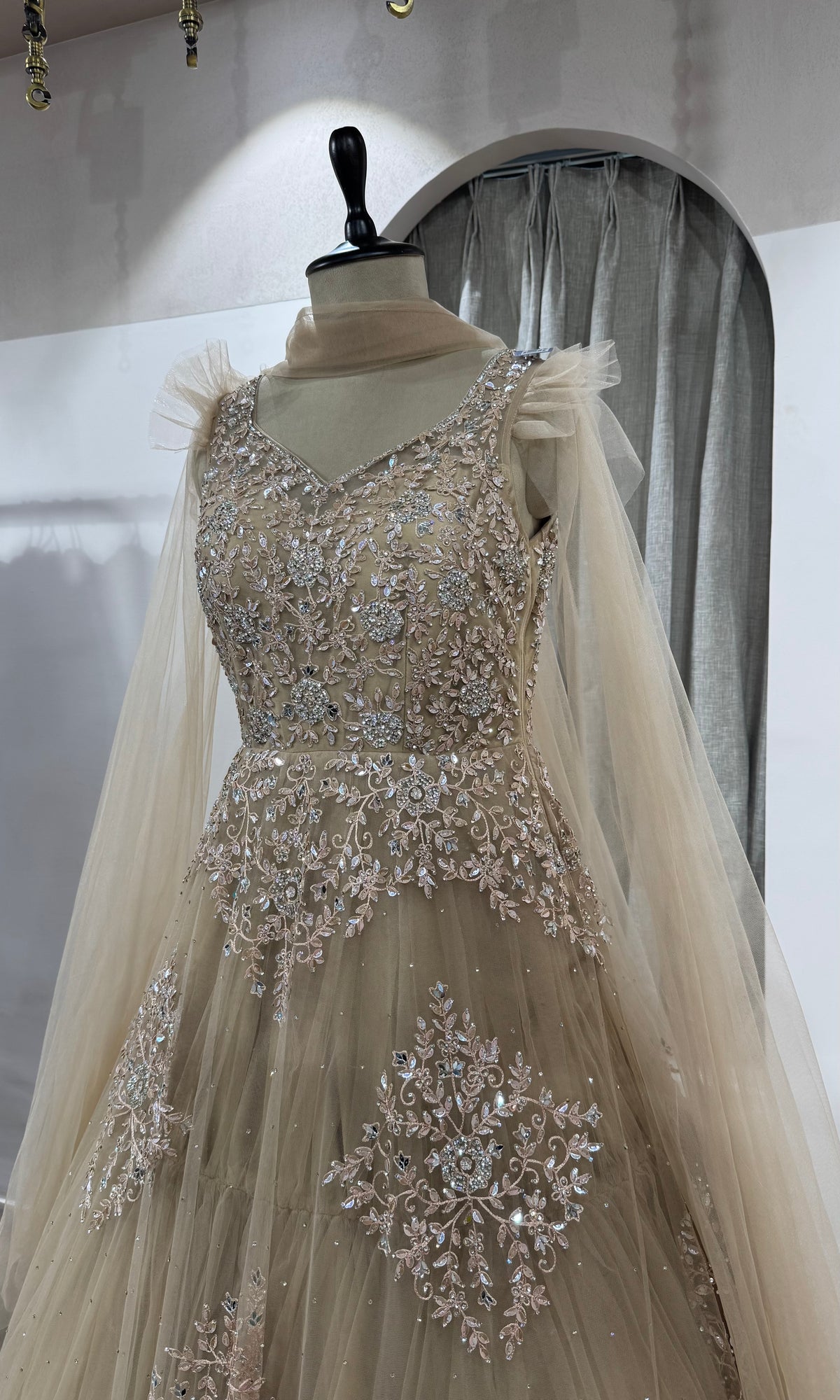 Gold Flared Gown with Cape