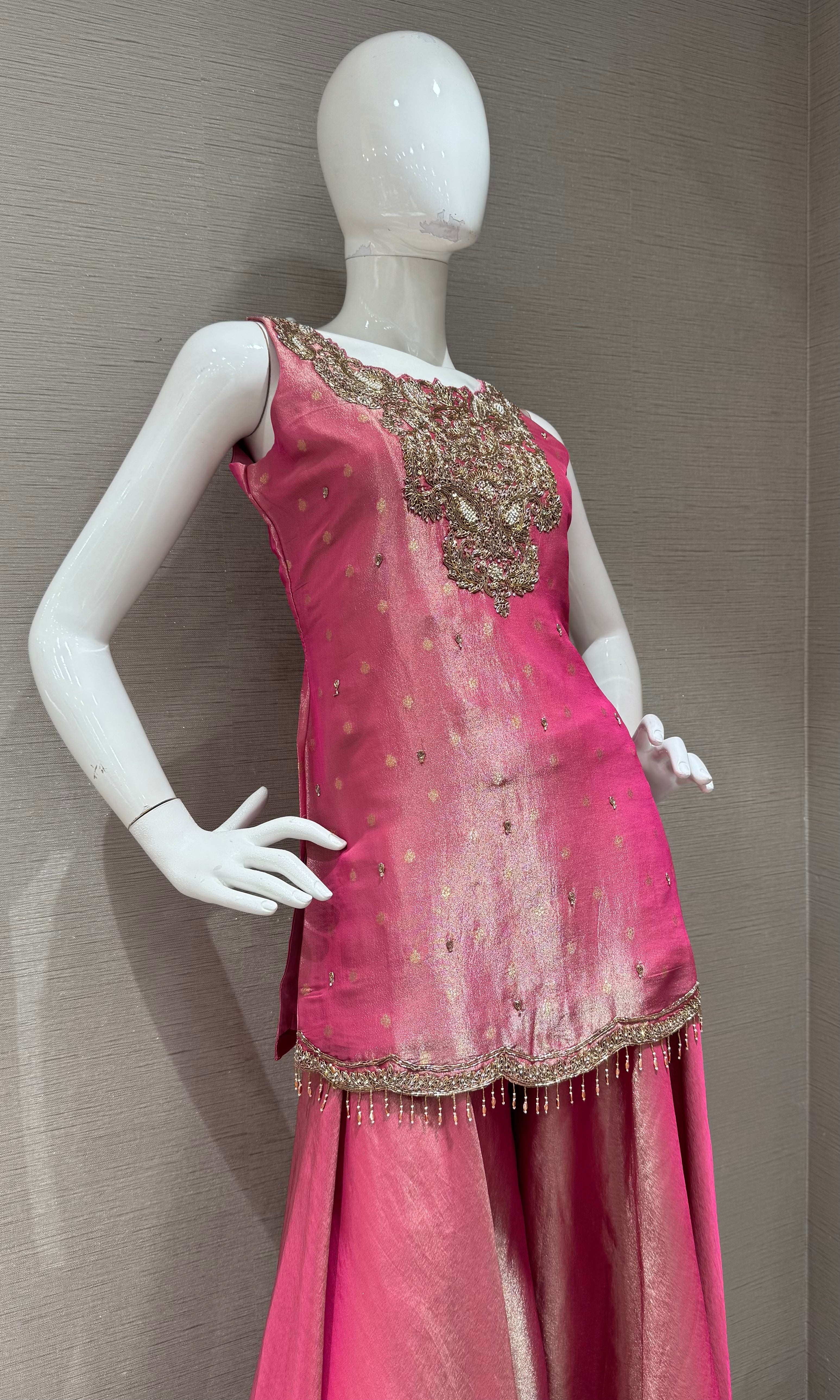 Rani Gold Tissue silk Embroidered Sharara Set
