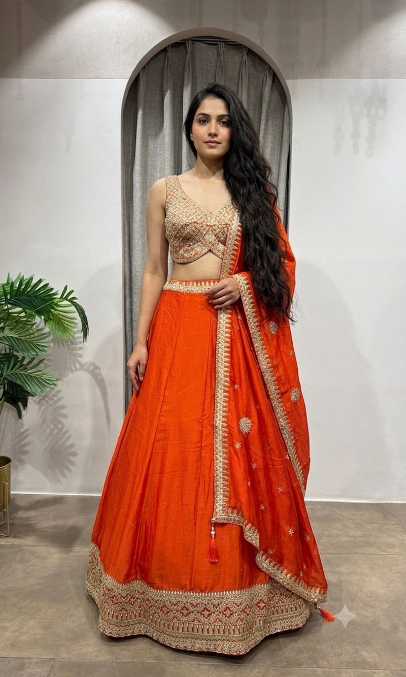 ORANGE LEHENGA WITH GOLDEN EMBROIDERY