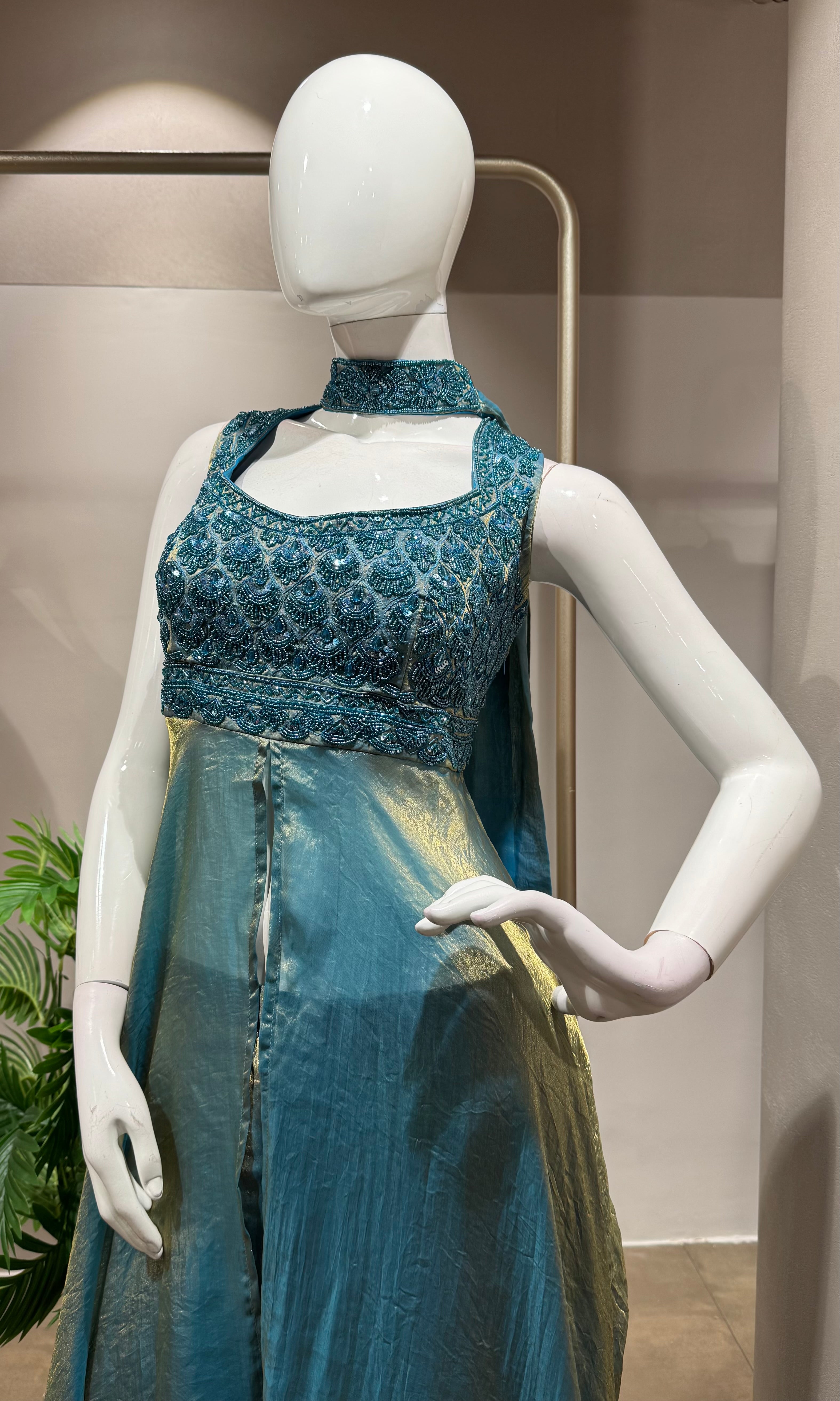 BLUE FRONT SLIT ANARKALI SET WITH PALAZZO PANTS