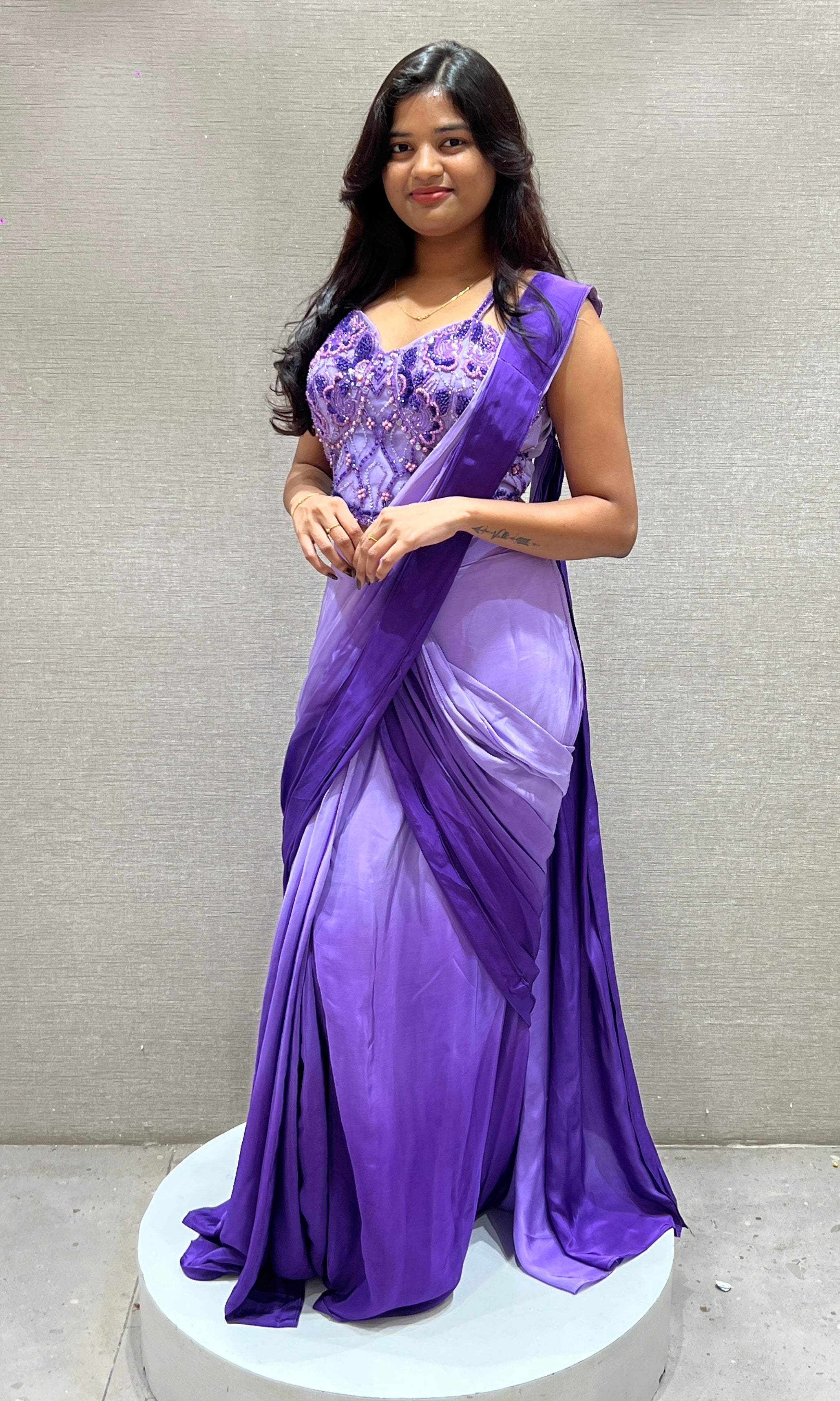 purple drape saree With Sweetheart Neck Blouse