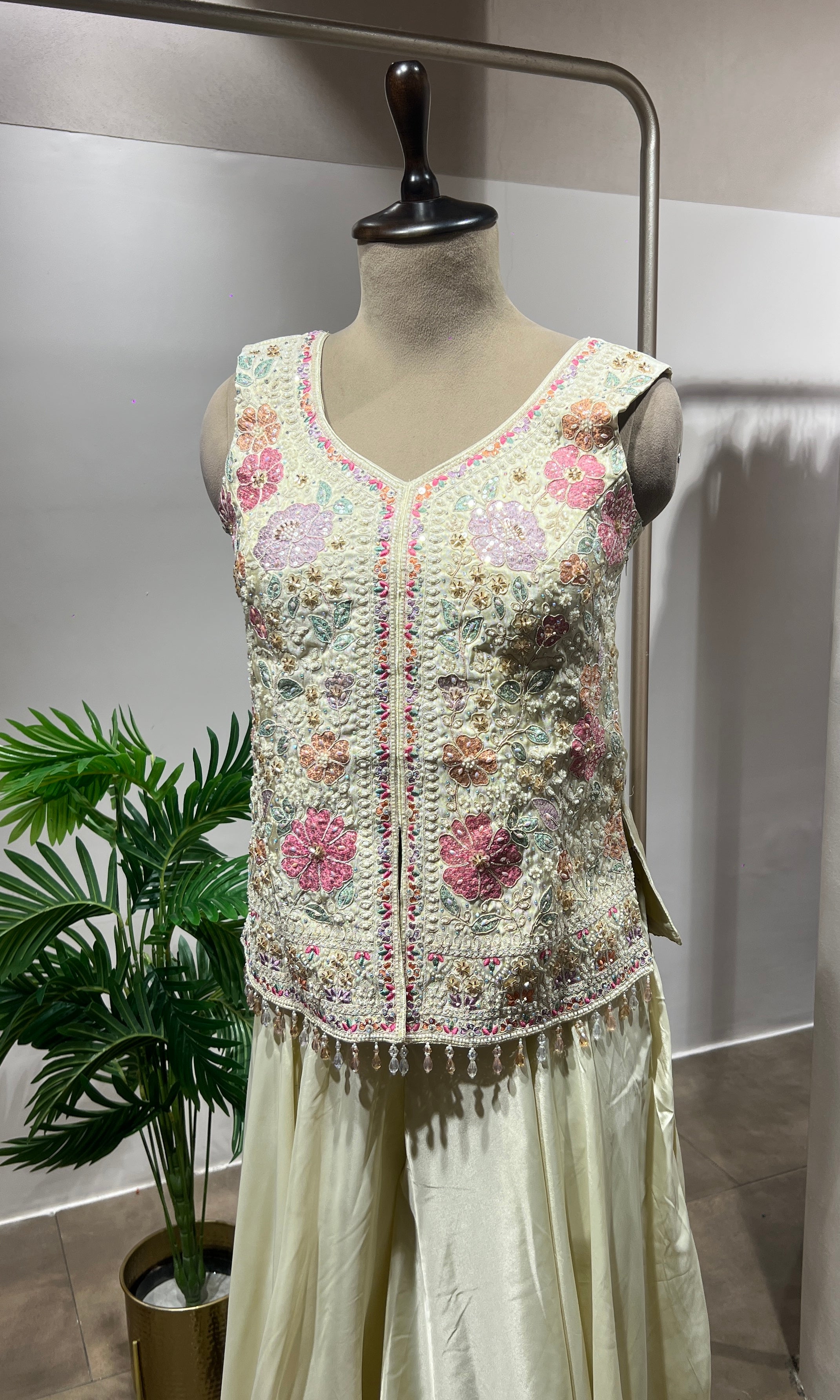 Cream Floral Embroidered Palazzo Suit