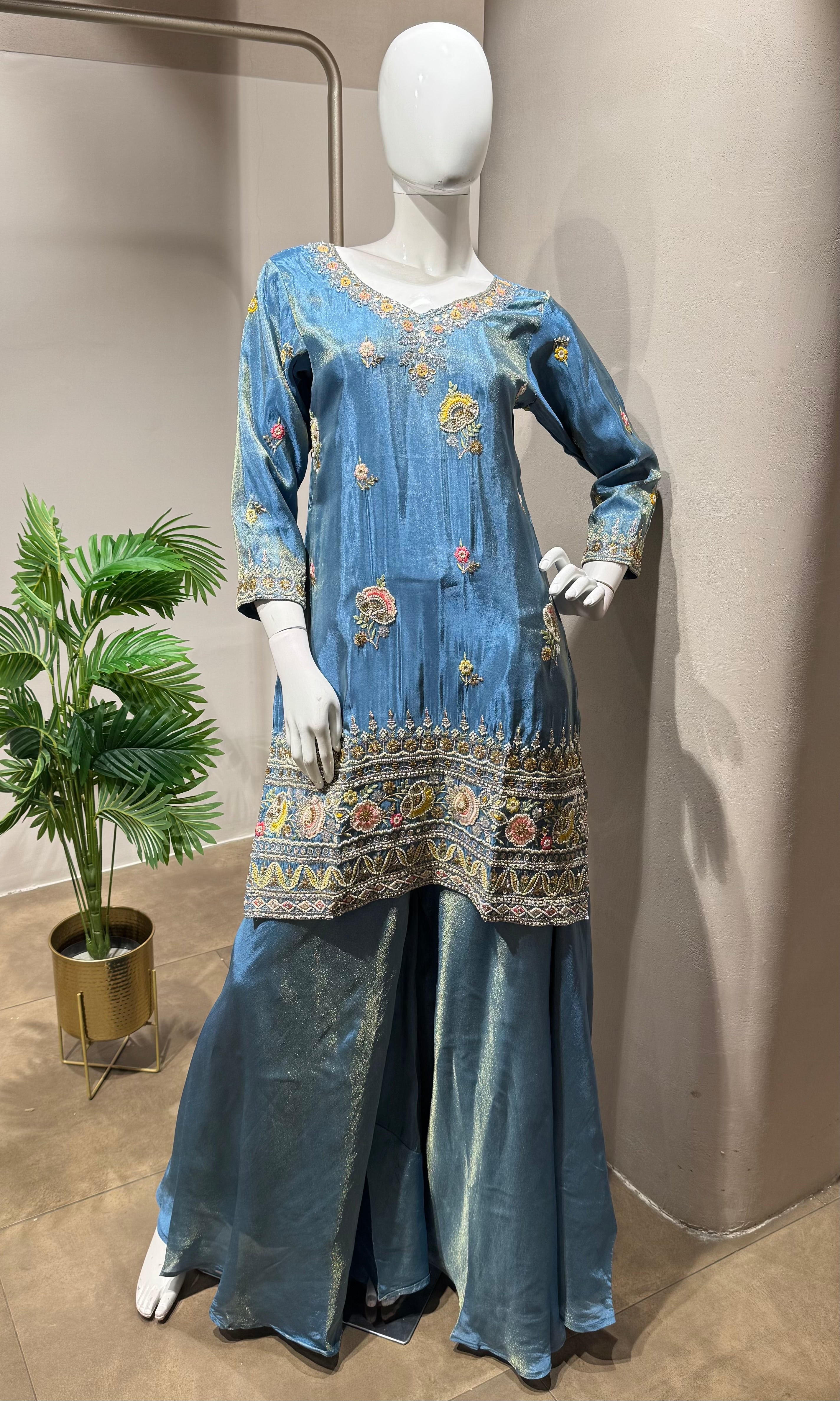 blue shimmer tissue palazzo set
