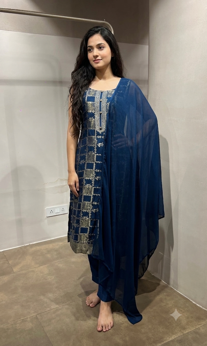 Dark blue Silk Embroidered Zari Kurta Set