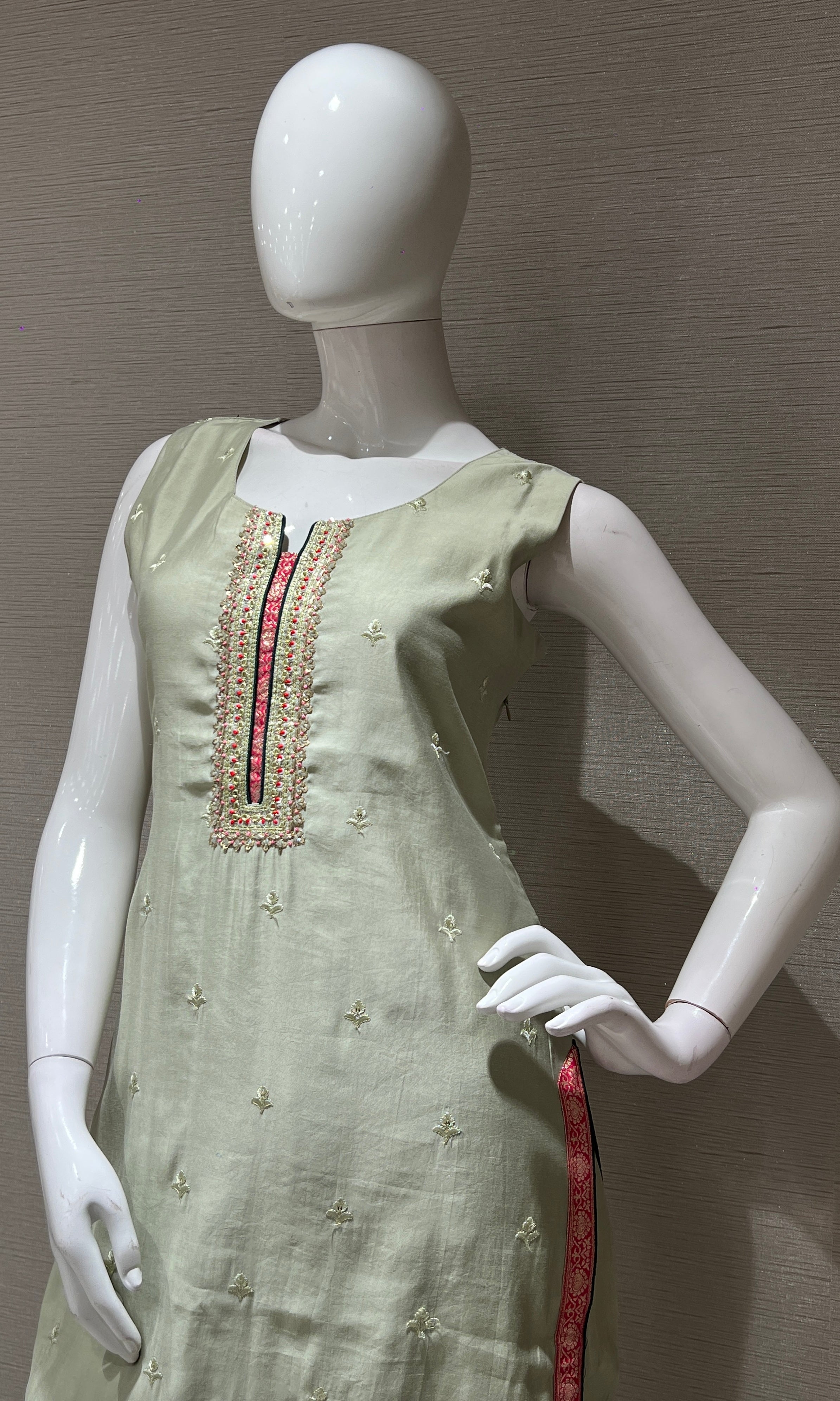 Pista Green Embroidered Kurta Set with Contrast Pink Dupatta