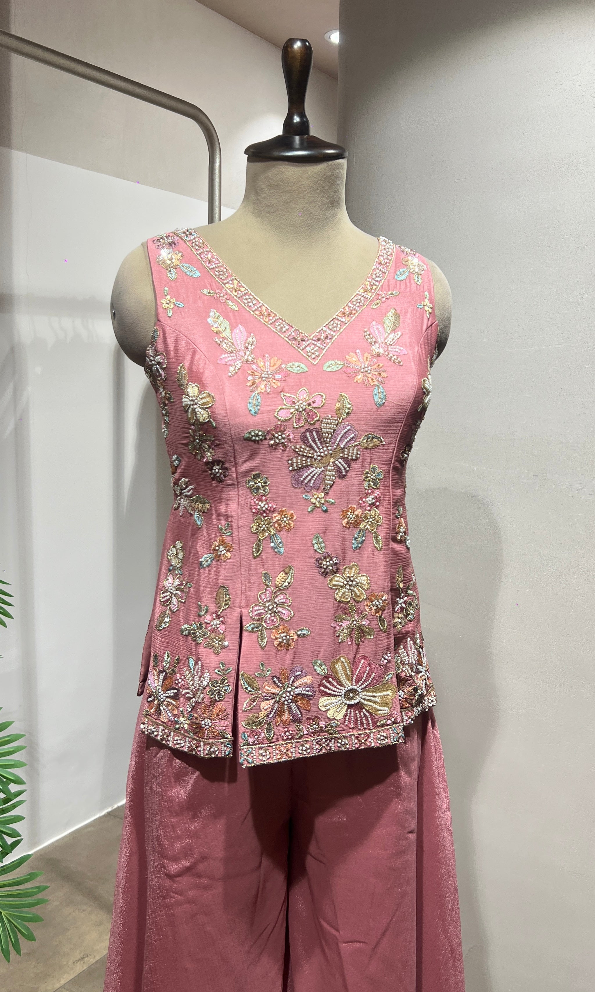 Baby Pink Floral Embroidered Palazzo Suit