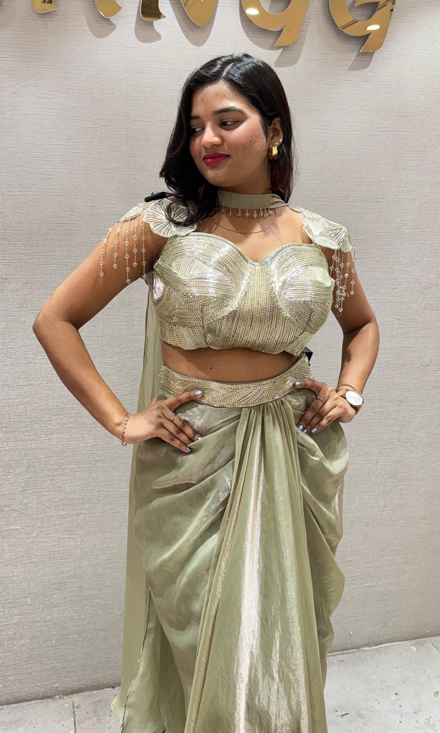 GREEN draped SKIRT with embellished blouse