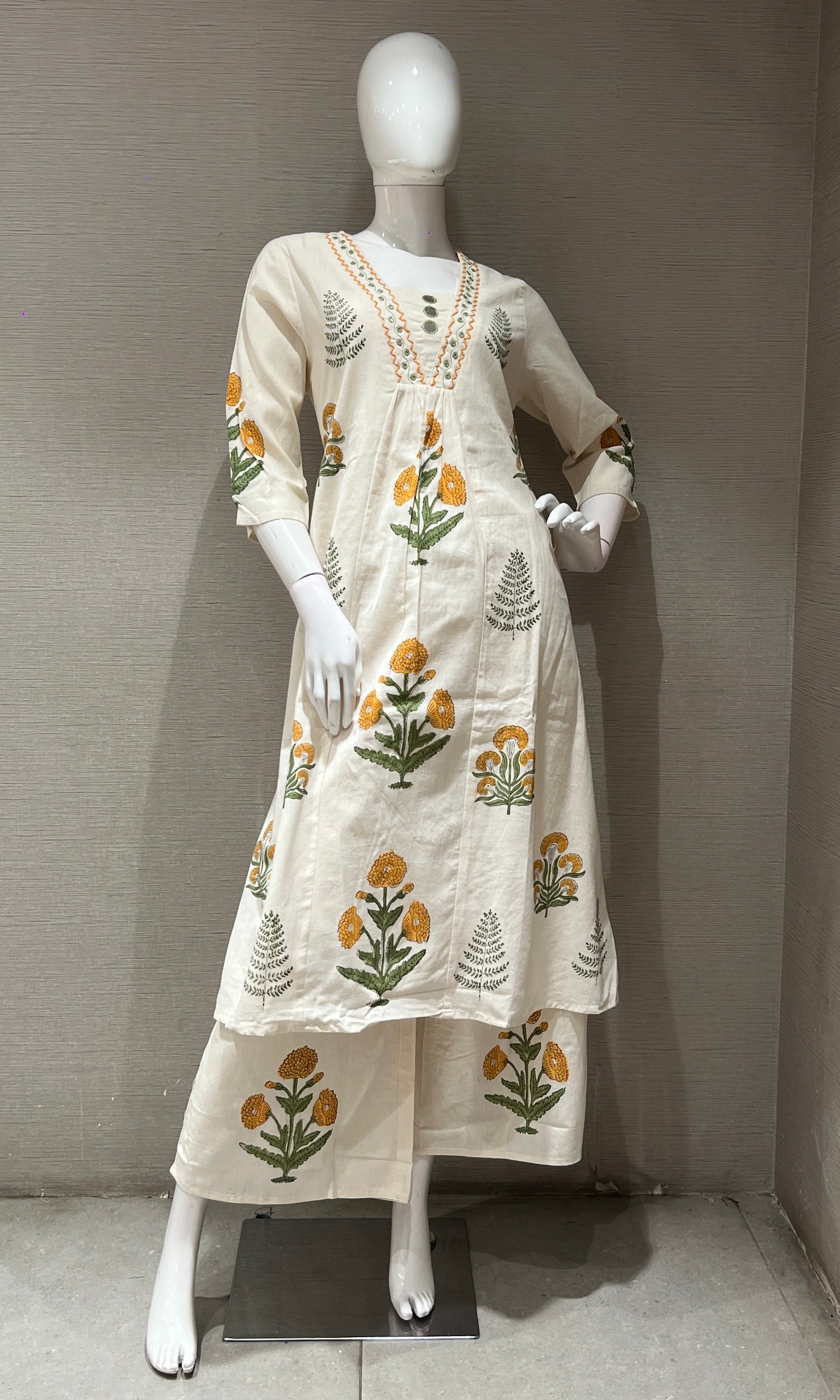 Yellow A LINE FLORAL KURTI WITH BOTTOM