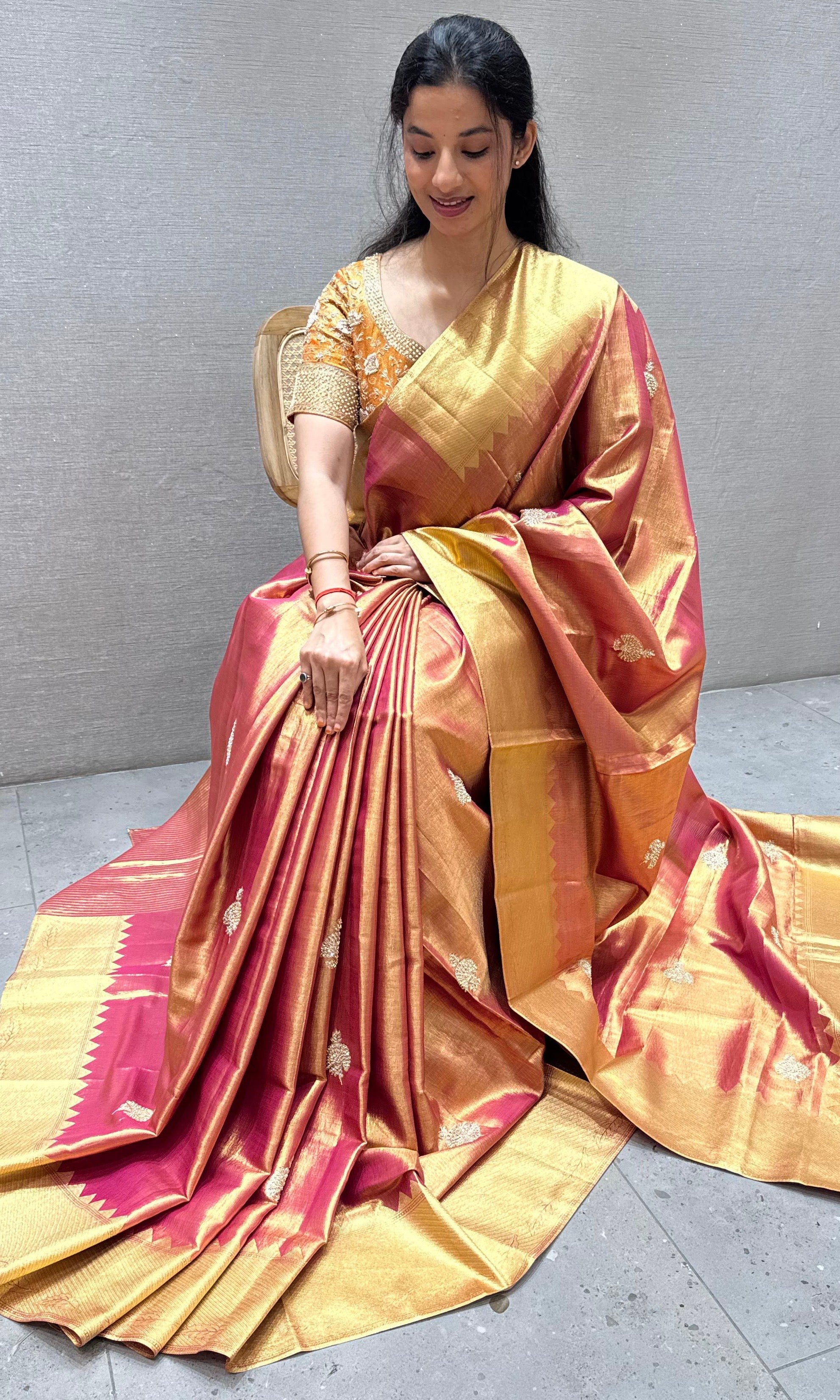 Rust orange and gold saree with ready blouse