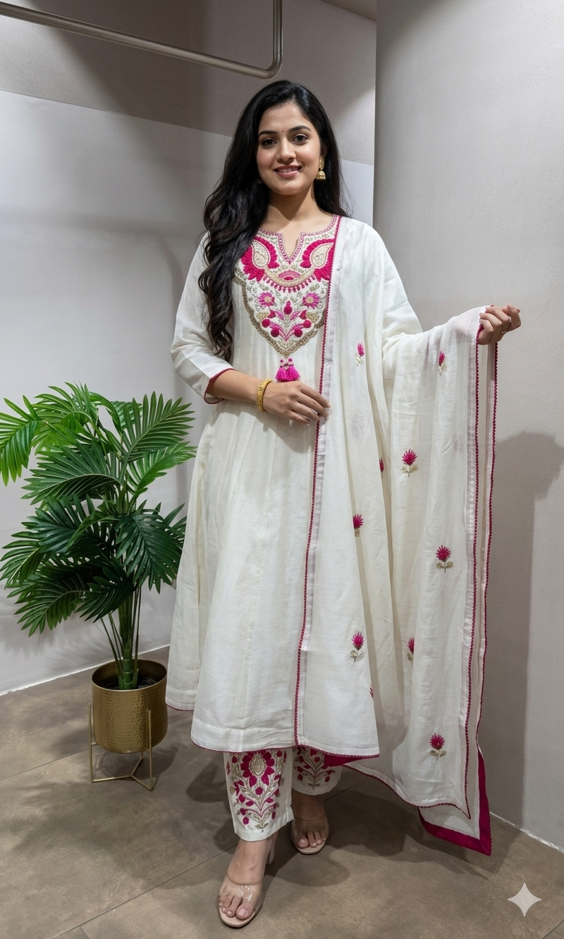 Half White Cotton Embroidery anarkali set