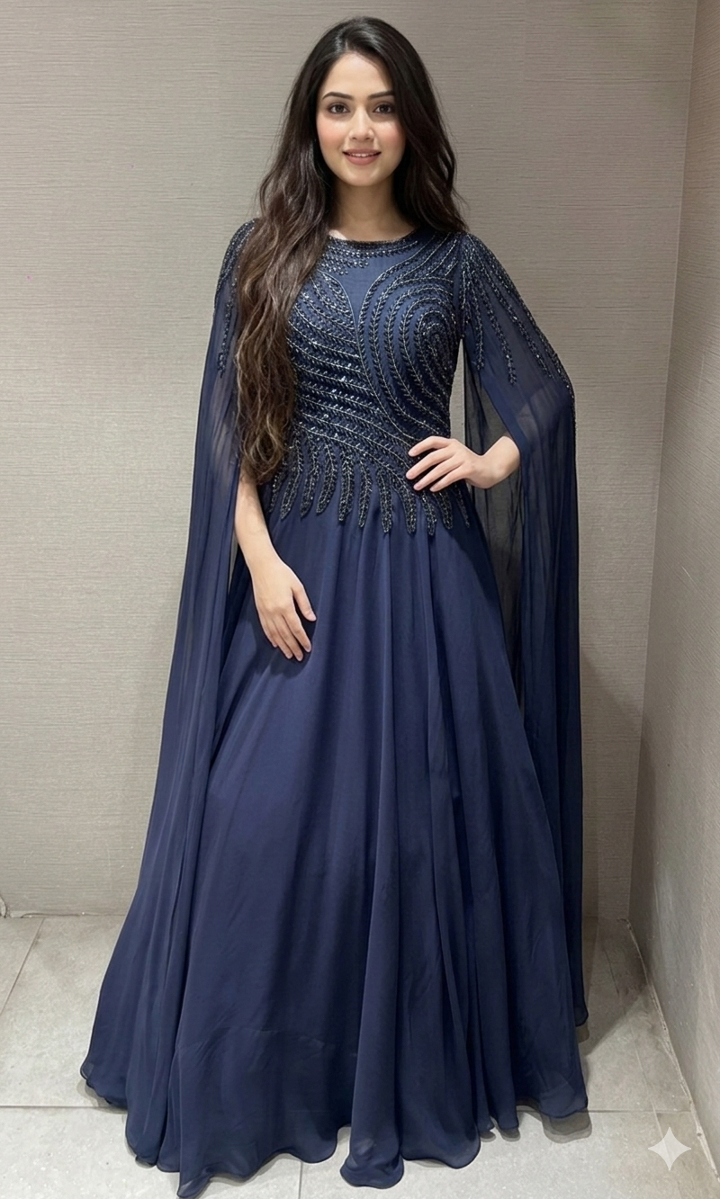 Blue long dress with butterfly sleeves