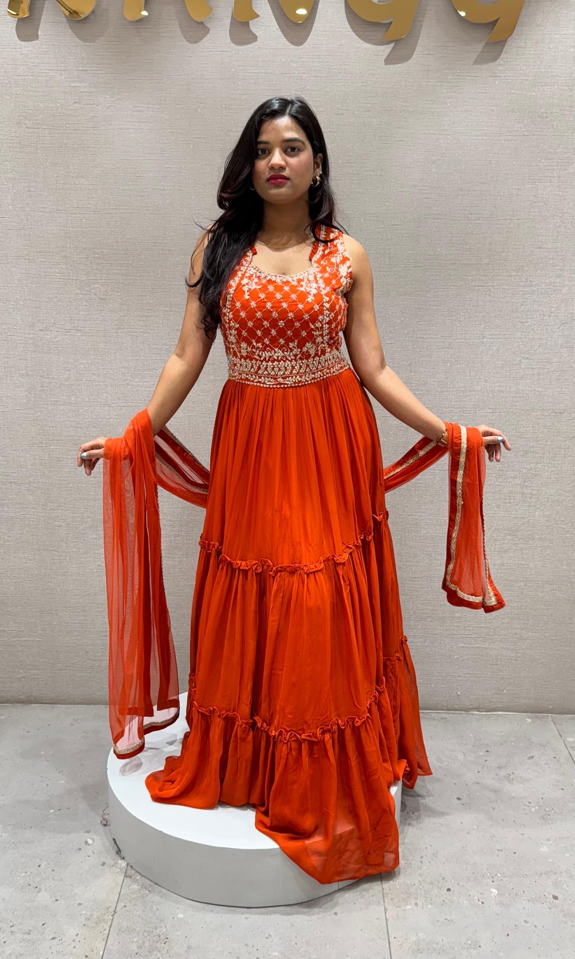 Orange RUFFLE ANARKALI LONG dress
