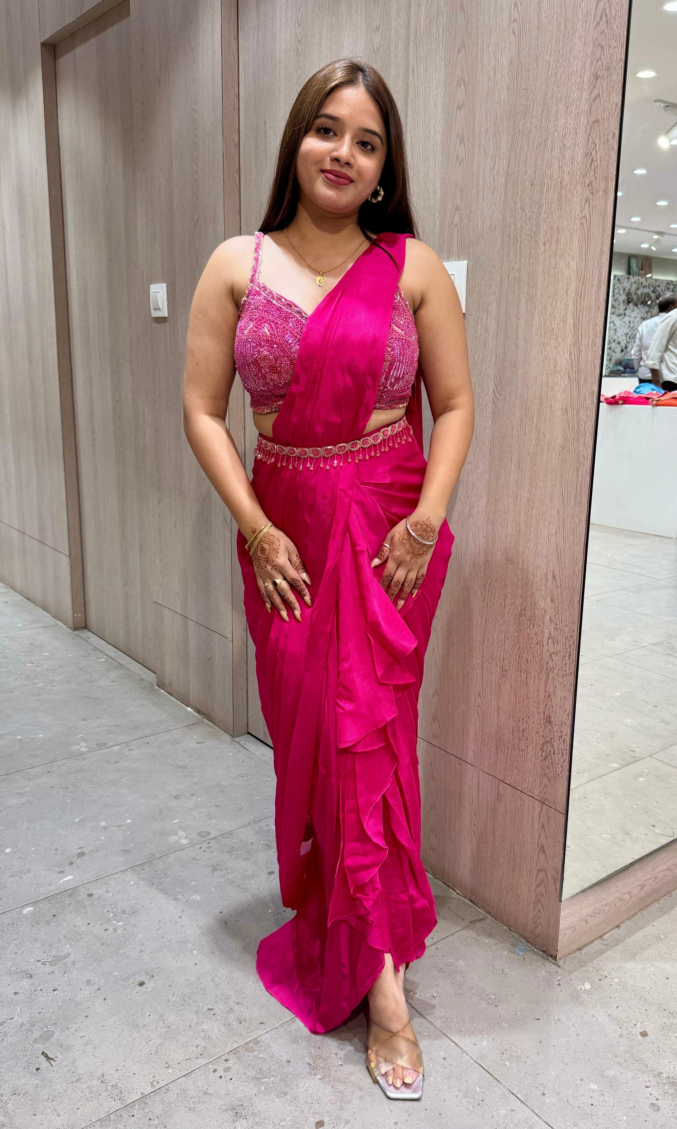 Pink Ruffle Draped Saree with Embellished Blouse