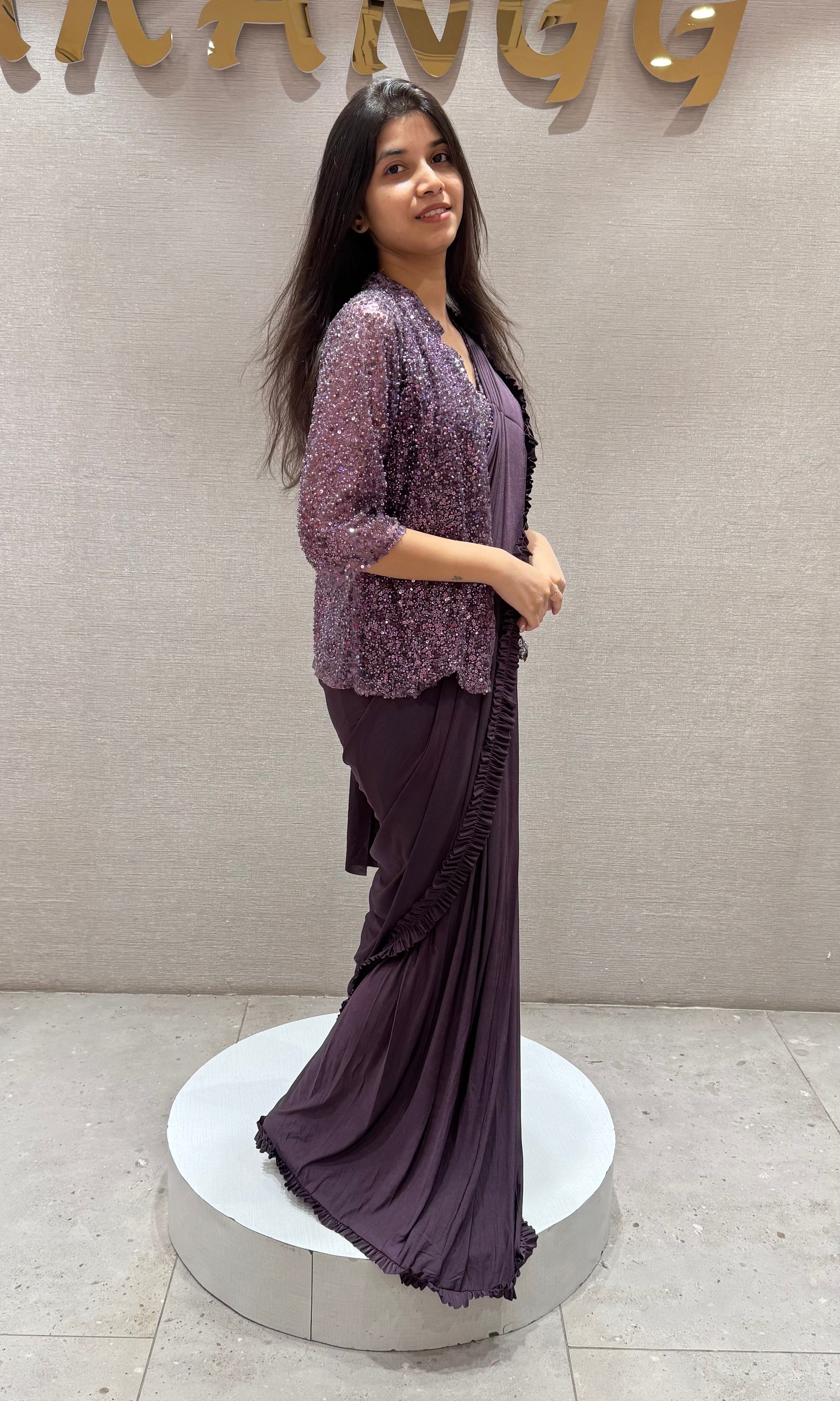 Wine Drape Saree with Embroidered Jacket
