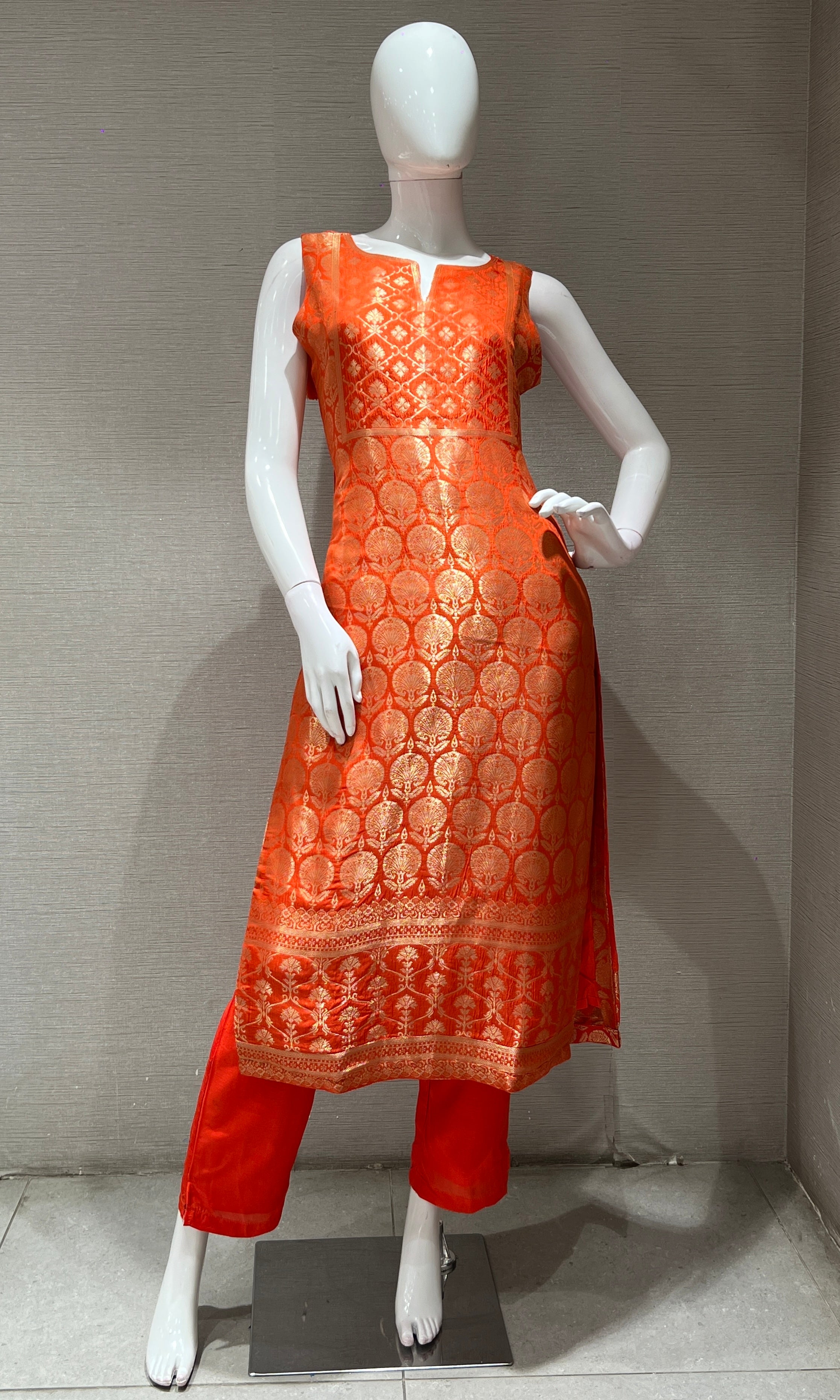 ORANGE Silk KURTA SET with Golden Embroidery