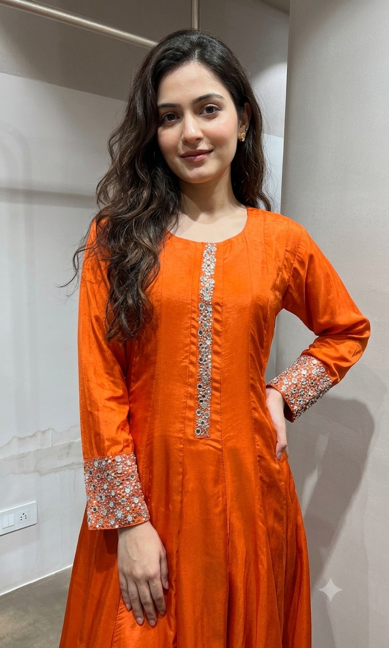 Orange Straight Kurta Set with Mirror Embroidery