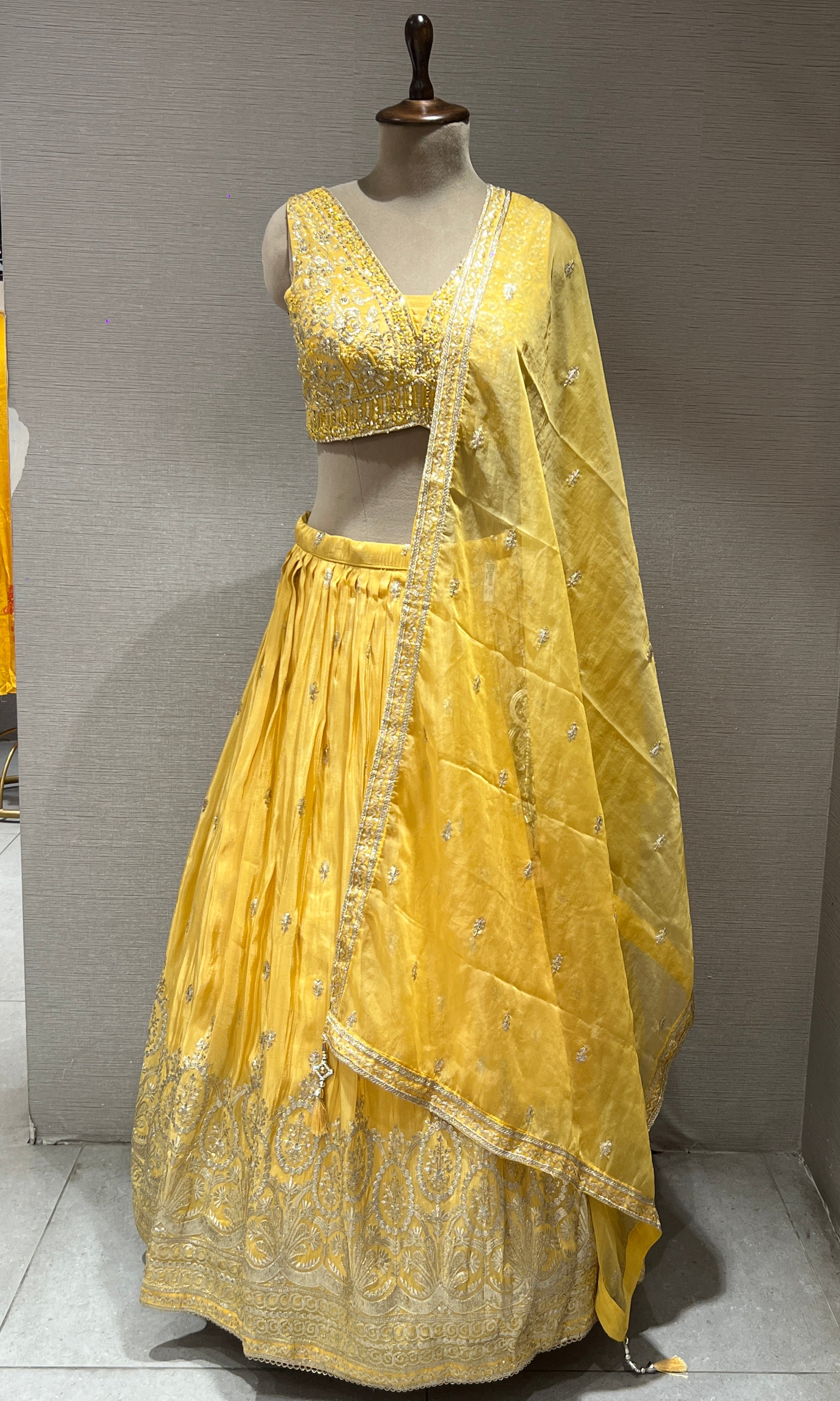 lemon Yellow Georgette Embroidered Lehenga