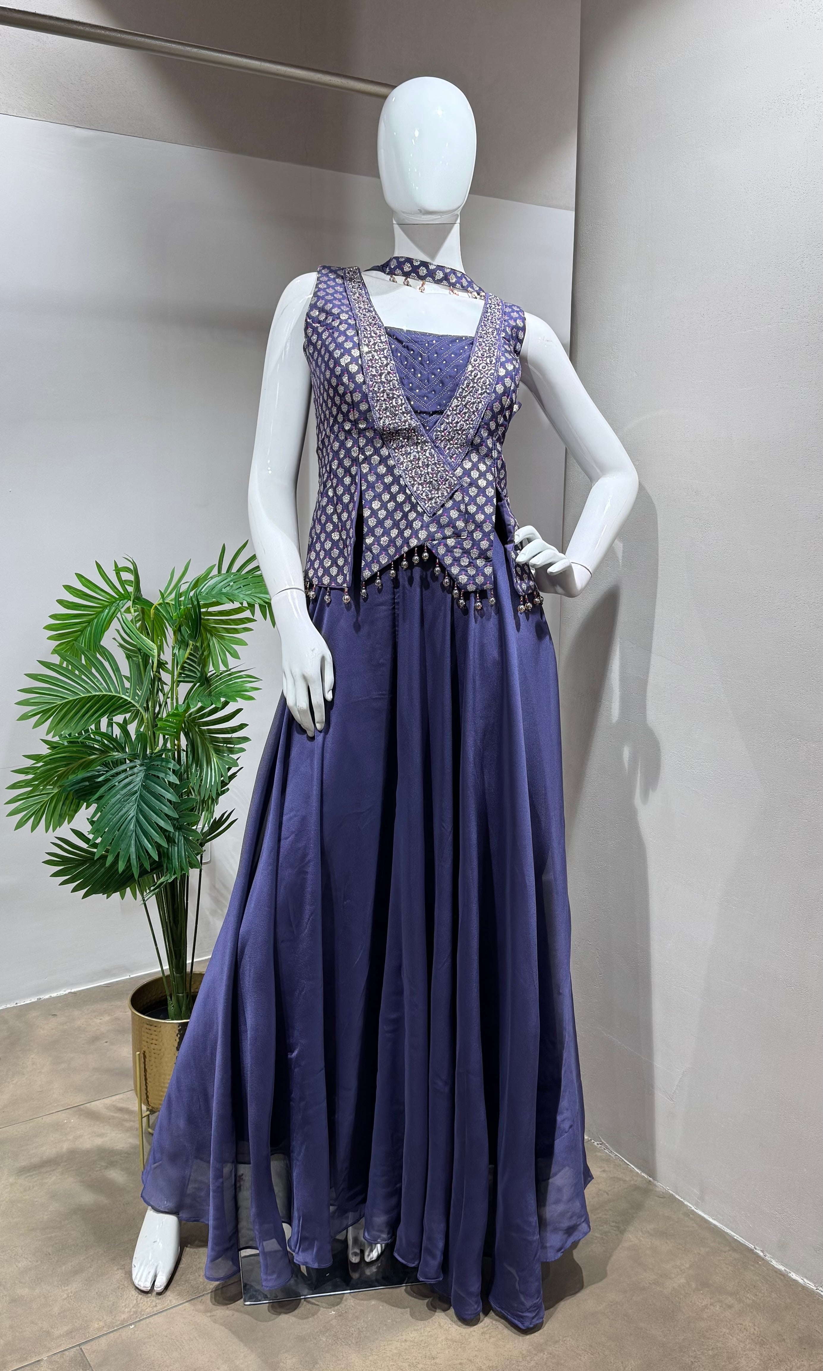 Purple Embellished Peplum Palazzo Set