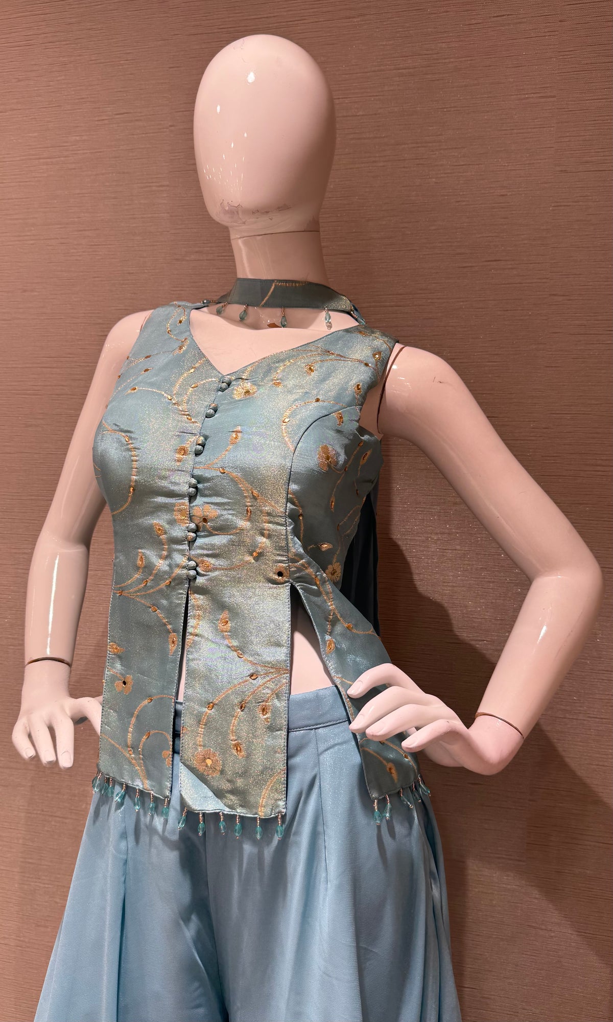 Sky Blue Floral Brocade Top & Georgette Palazzo Set