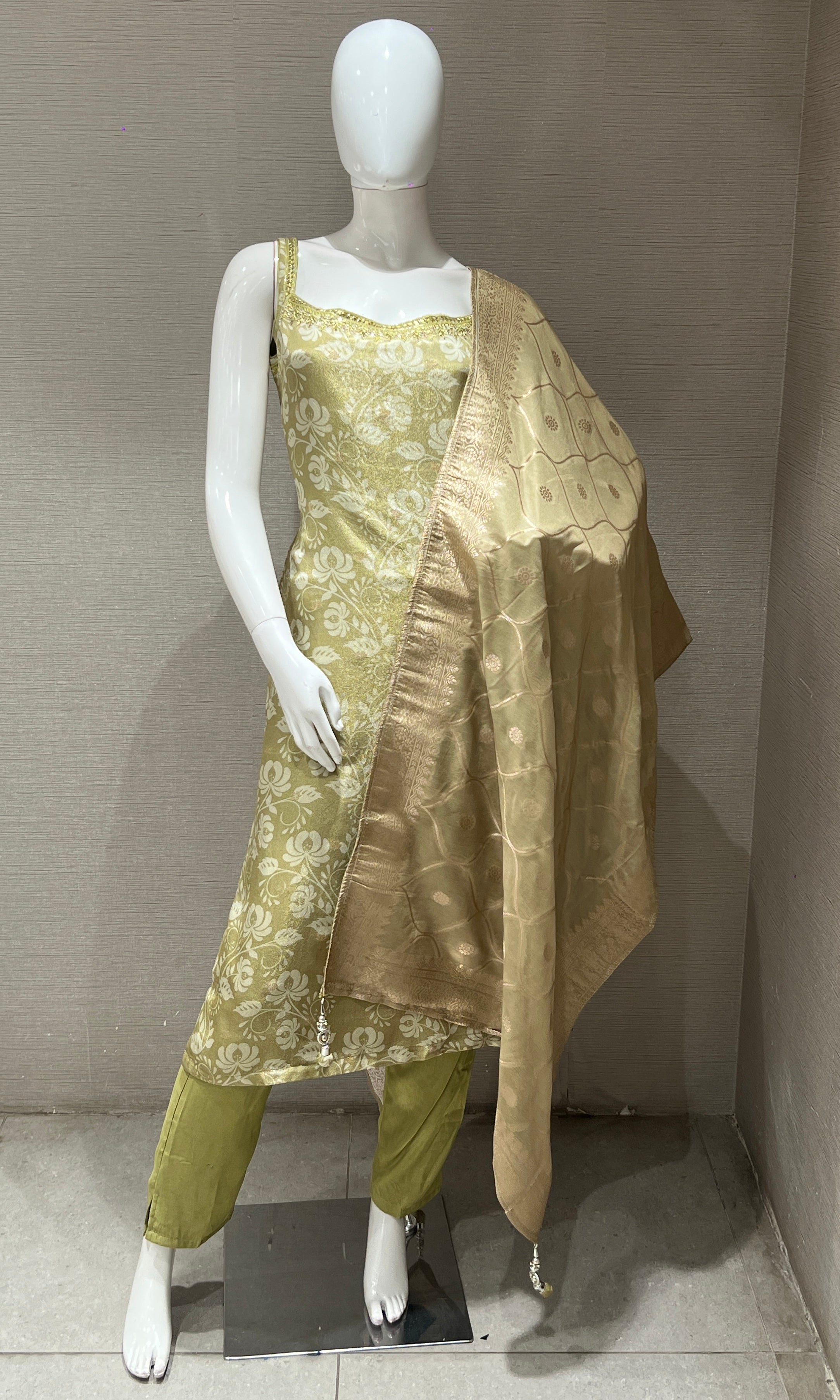 Light Golden Green Brocade Kurta Set