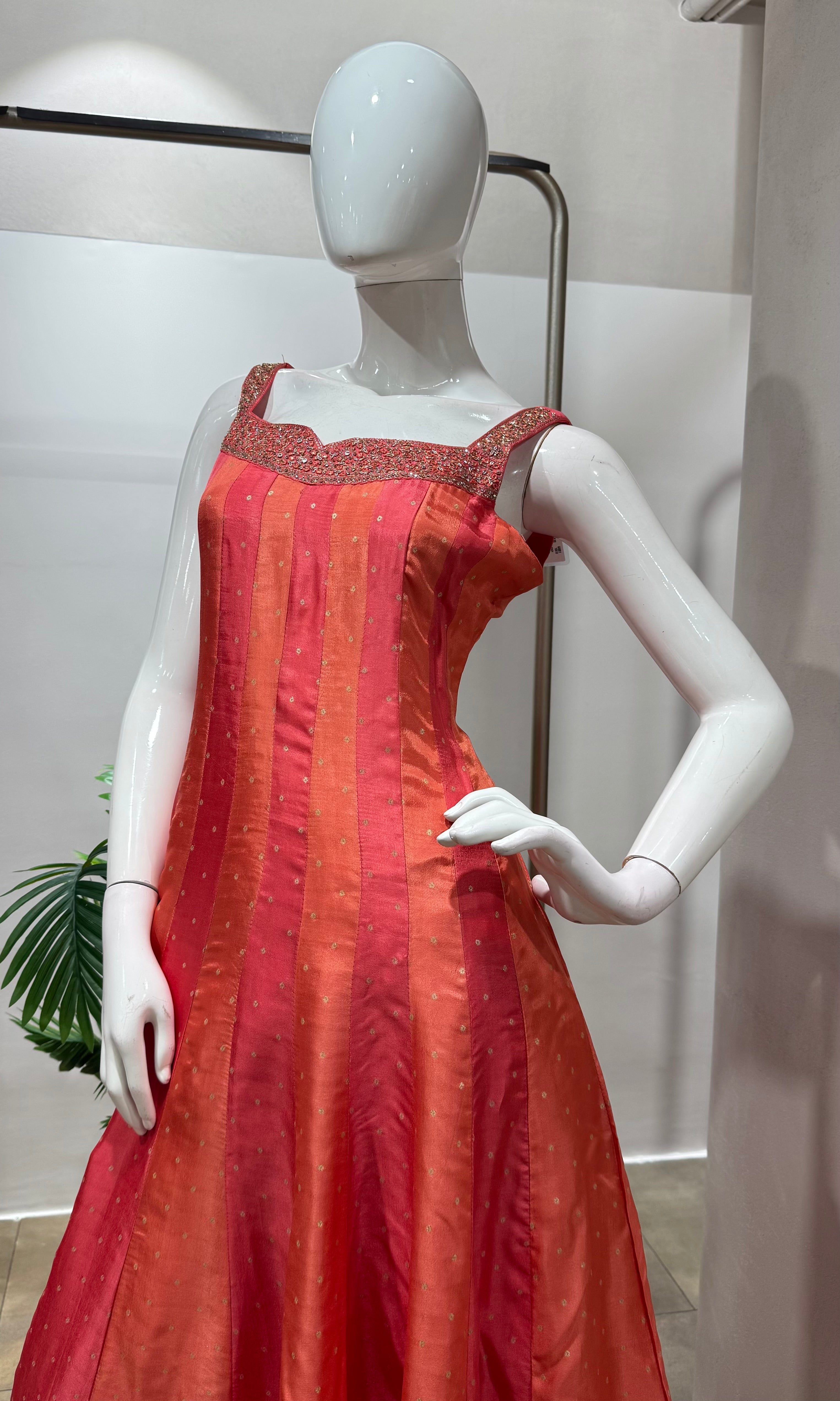 Peach ethnic striped anarkali set