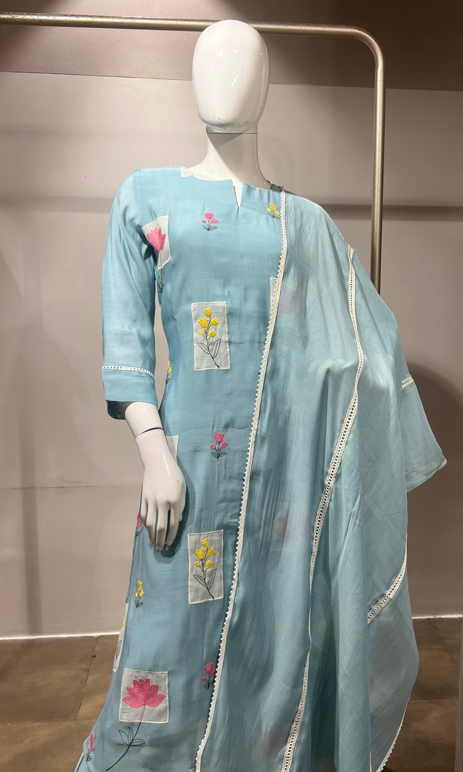 Sea Blue Patchwork Embroidered Kurta Set with Dupatta