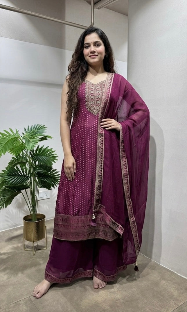 Wine Silk Embroidered ANARKALI Set