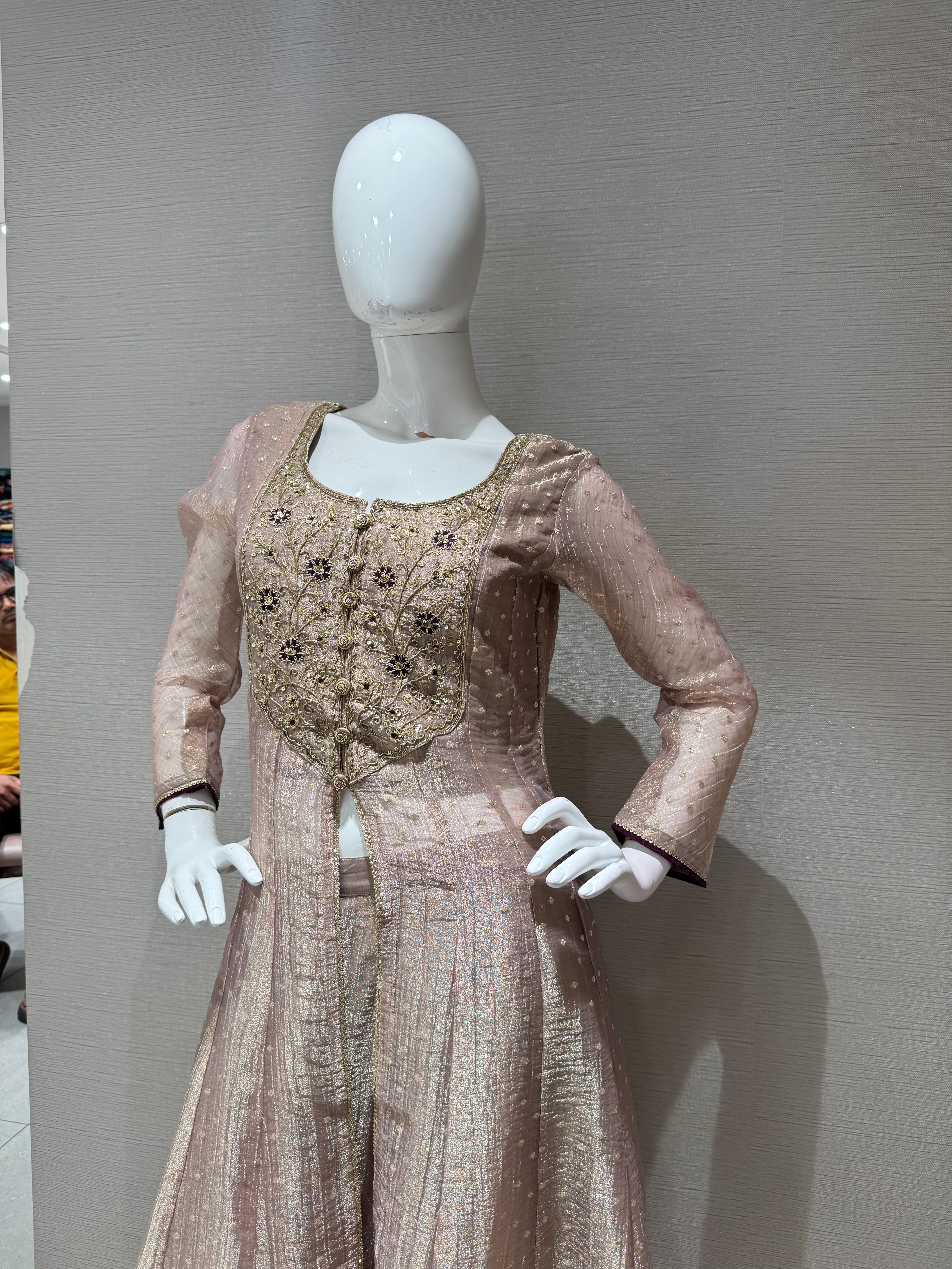 Greyish taupe tissue front slit anarkali with palazzo pants