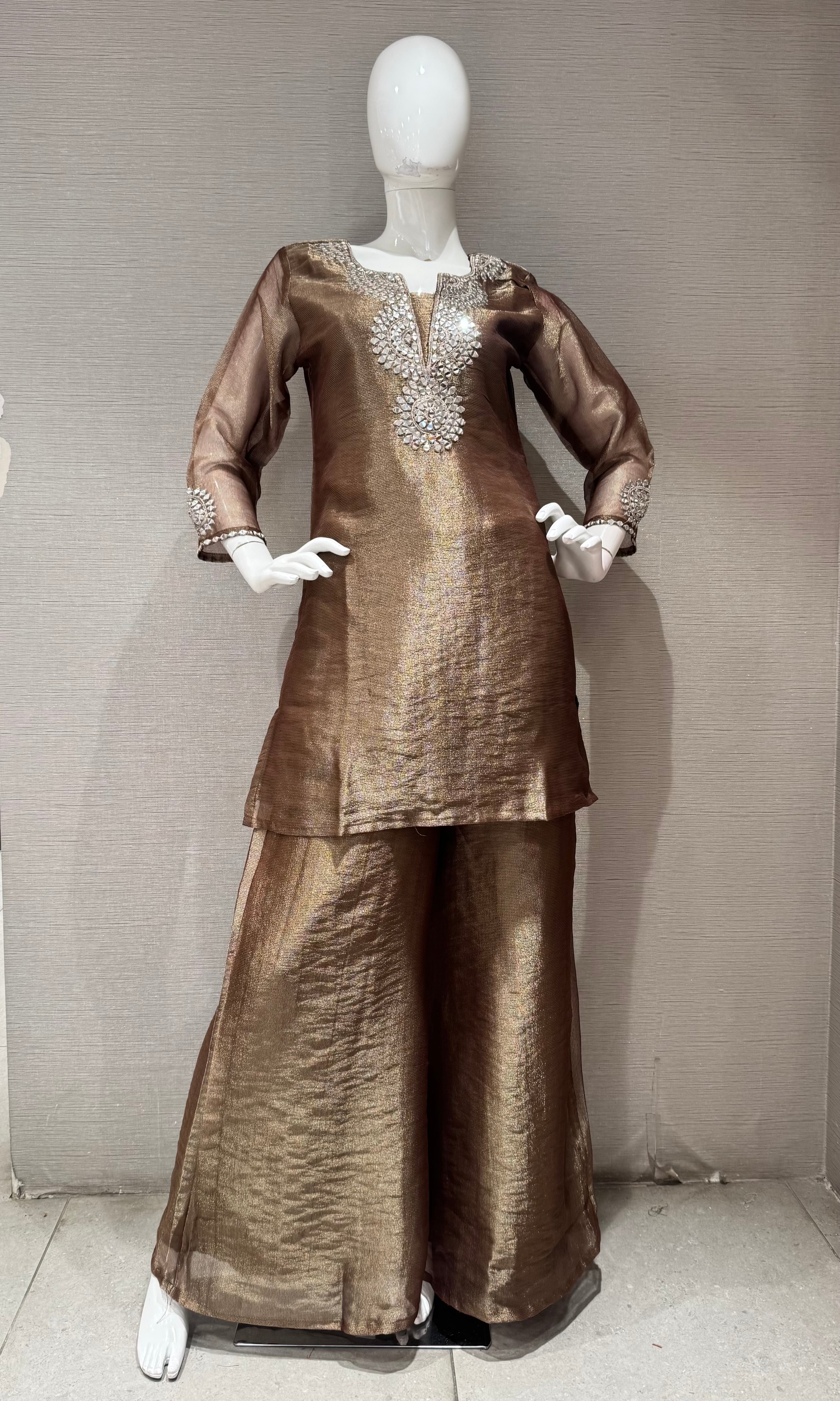 Brown Shimmering Silver Embellished Palazzo