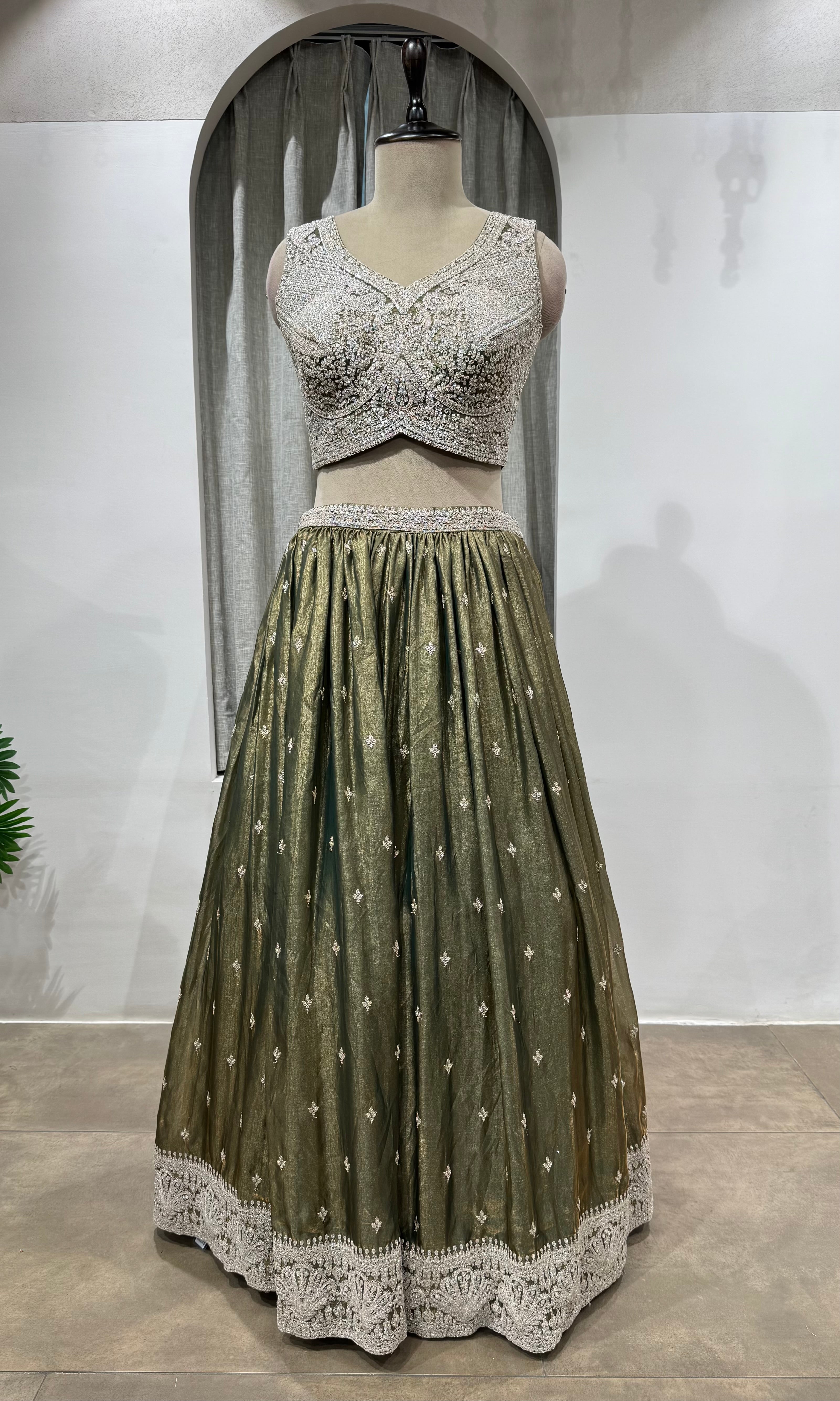 Green Shimmer Silk Lehenga with Silver Embroidery