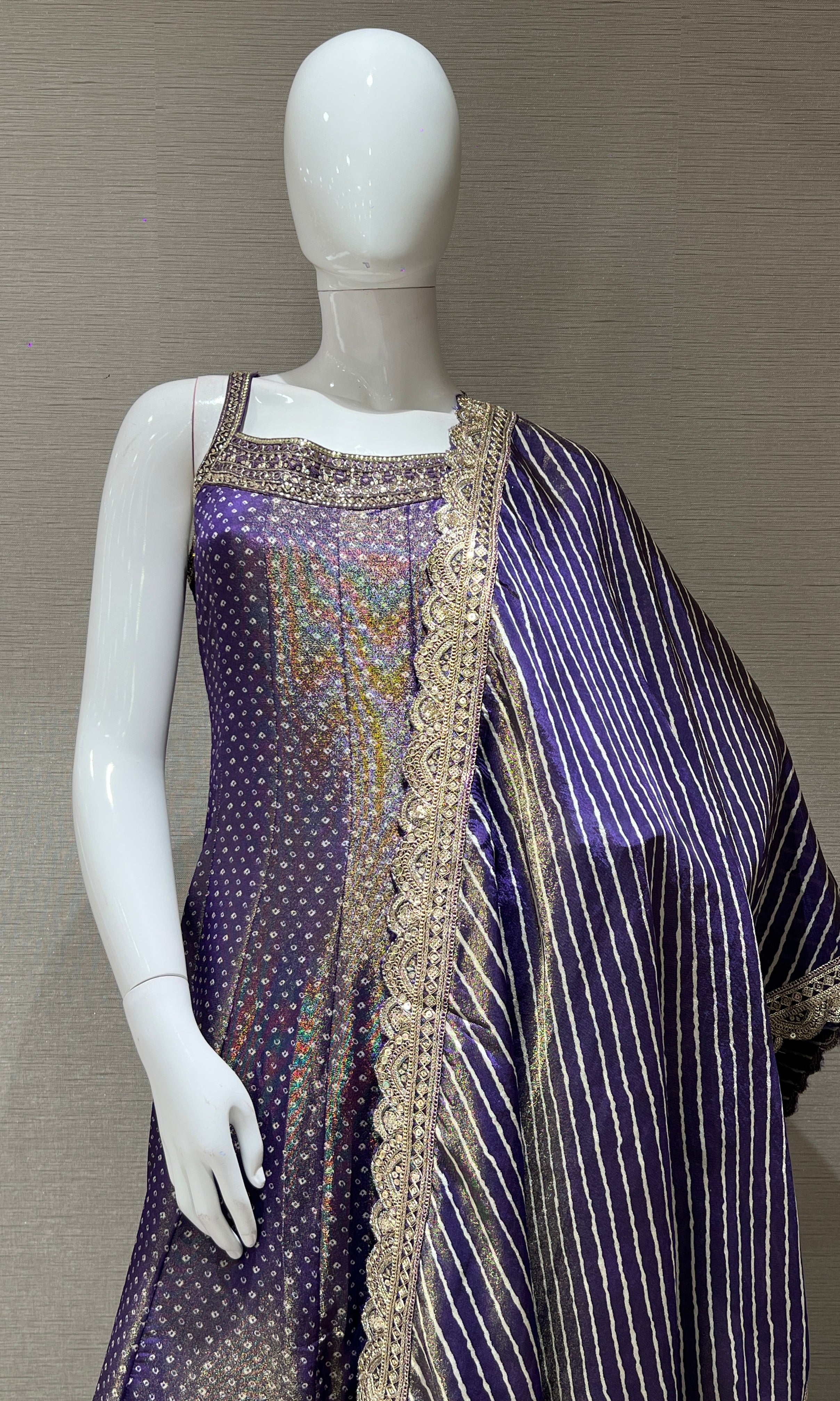 Purple Embroidered Sharara Set with Golden Stripes Dupatta