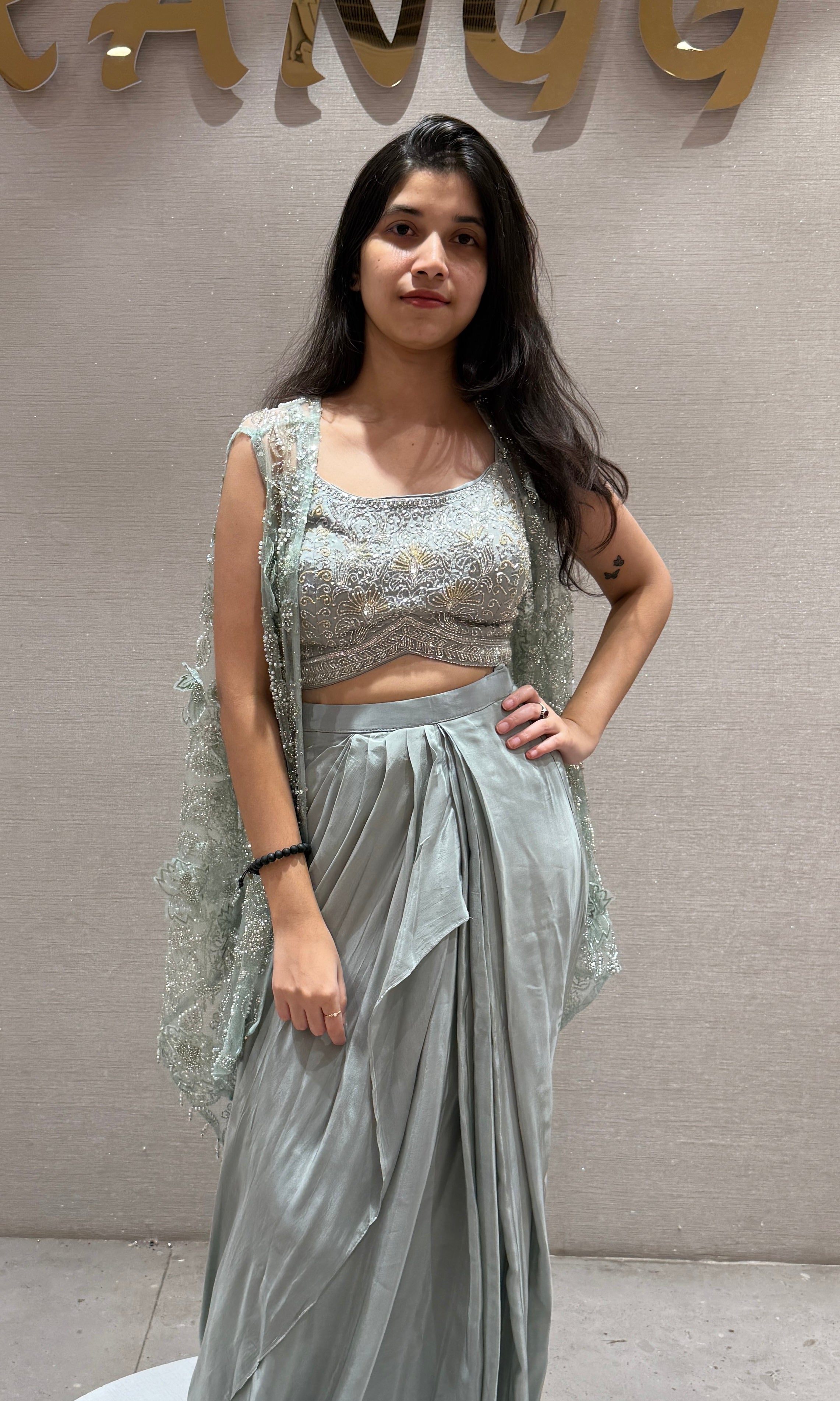 Green Elegant Draped Skirt Set with cape