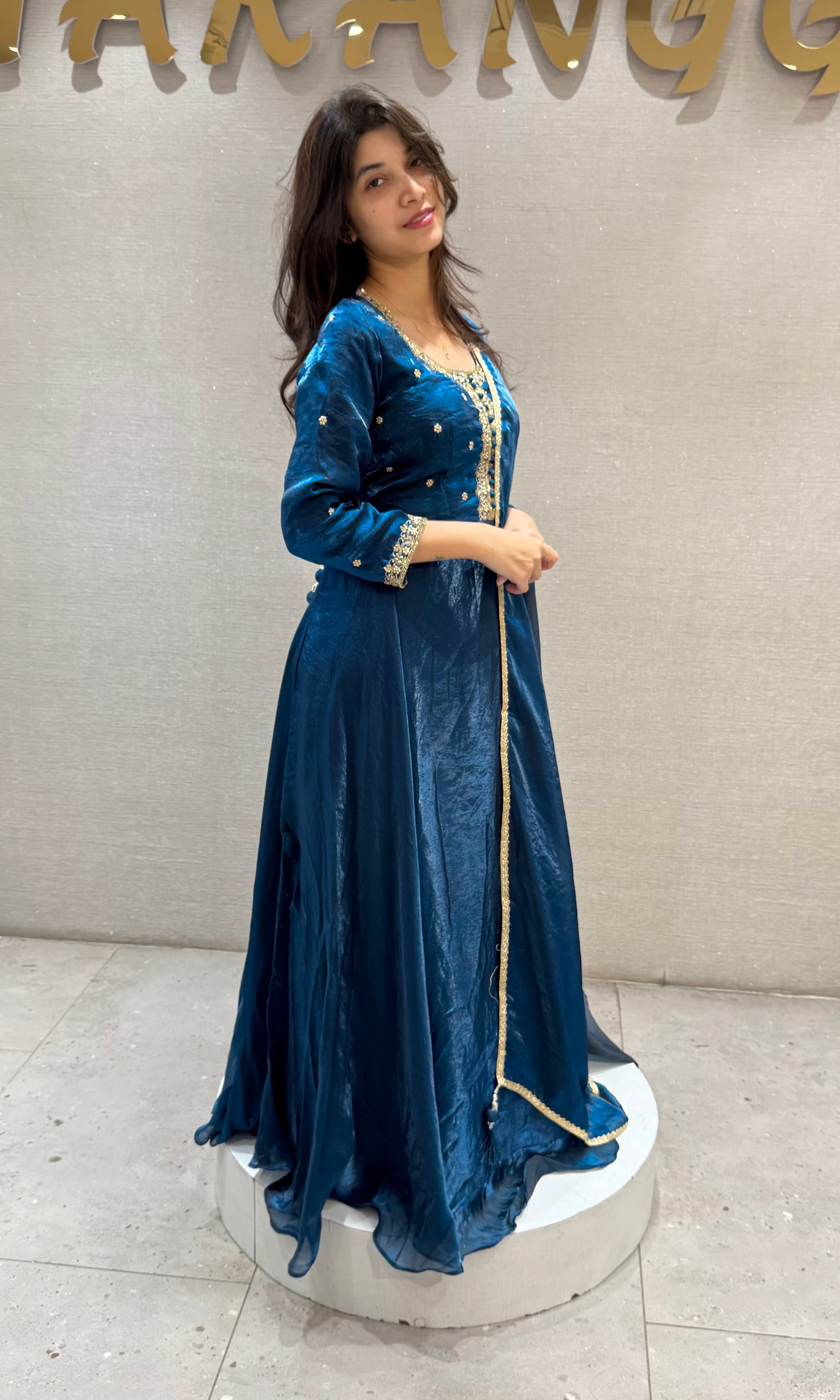 Teal Blue Embroidered Flared Anarkali Set with Dupatta