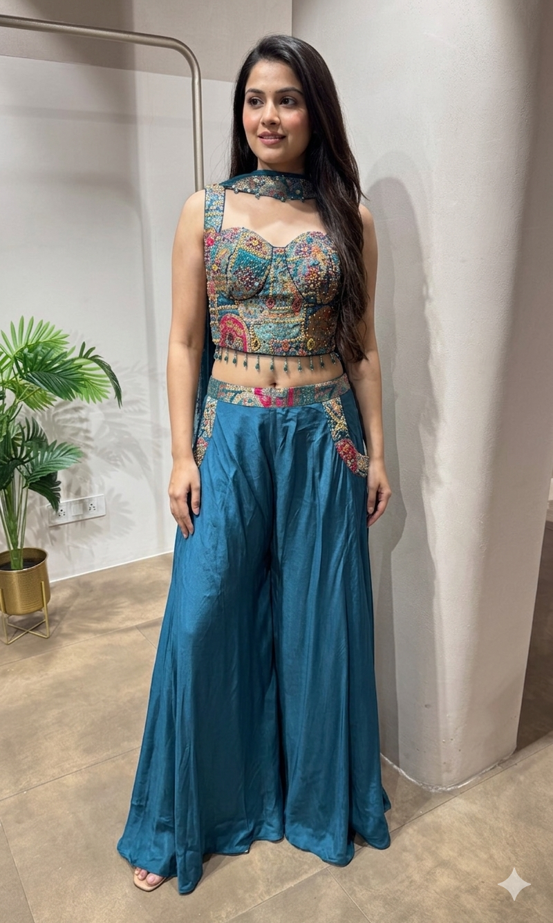 Blue Embellished Crop Top and Palazzo Pant