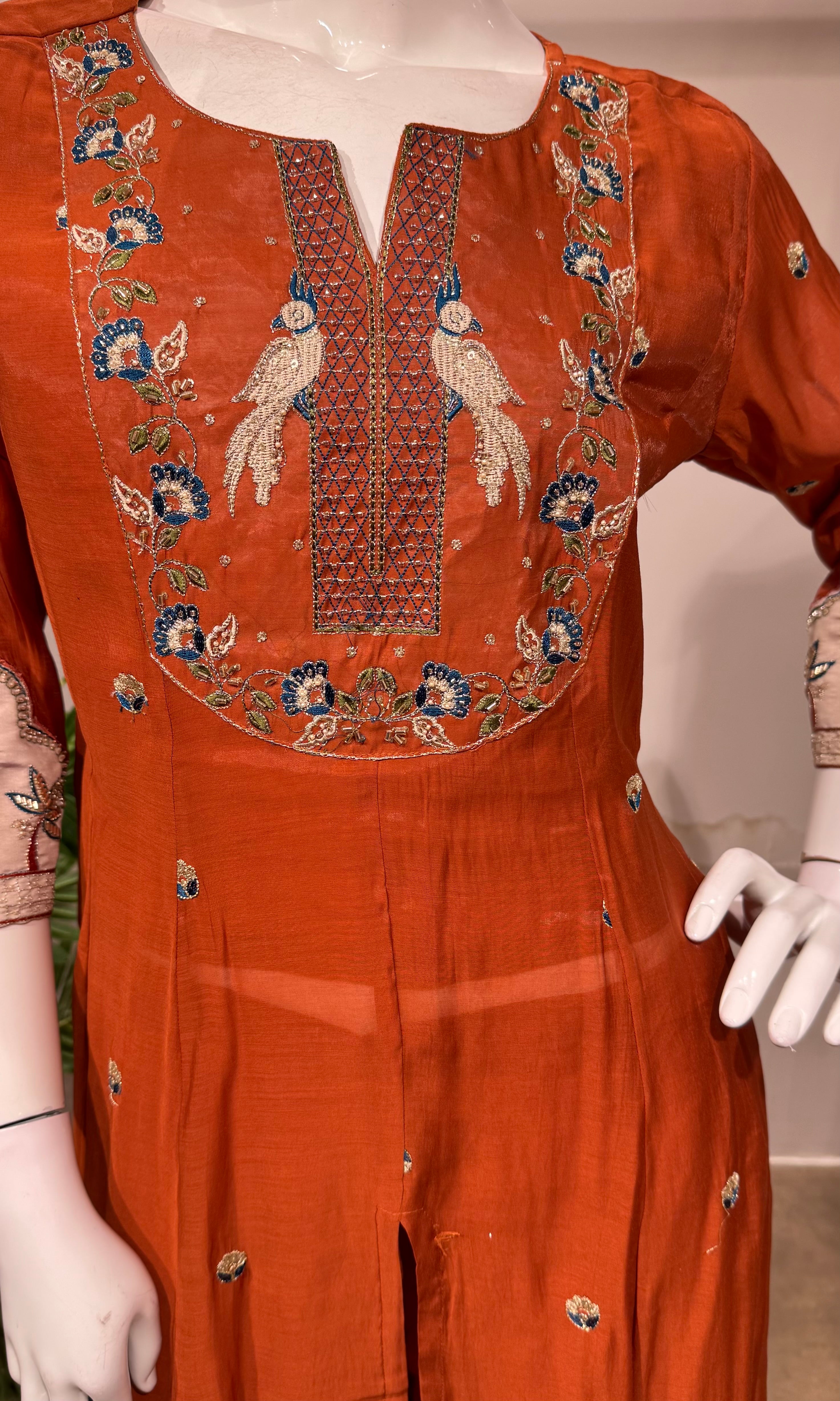 Rust embroidered Anarkali with palazzo pants