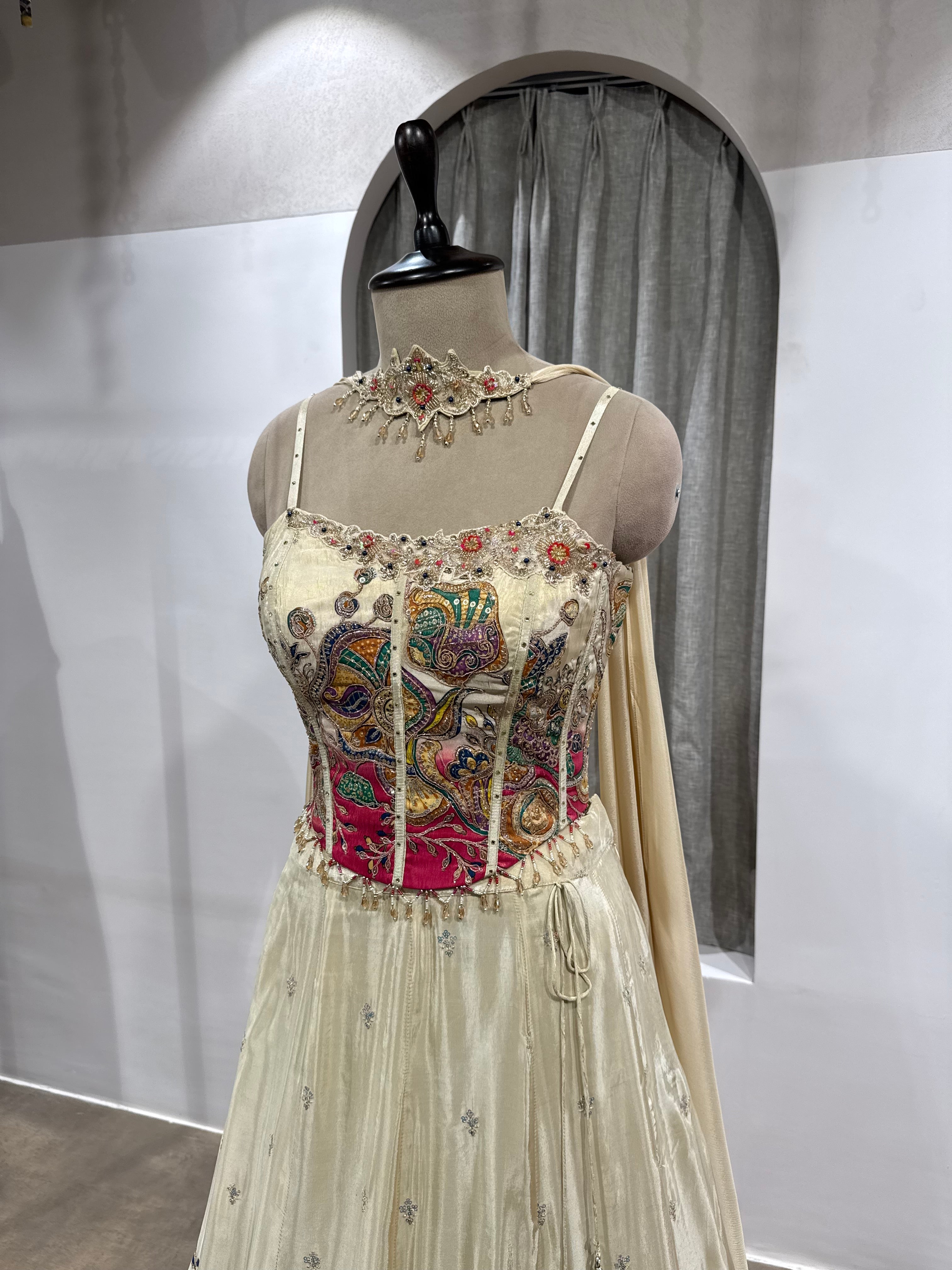 White and Pink corset Floral Multicolored Lehenga