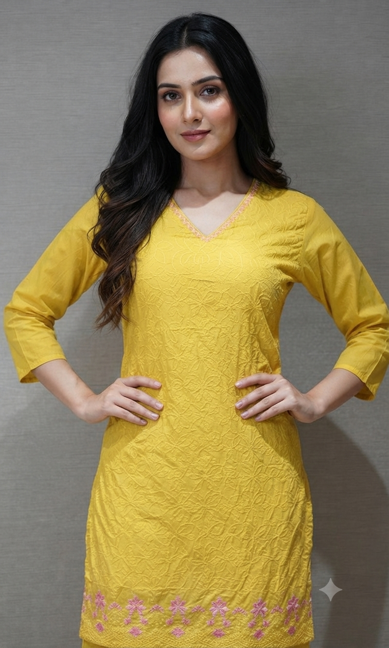Yellow Cotton Kurta set with Embroidered Dupatta