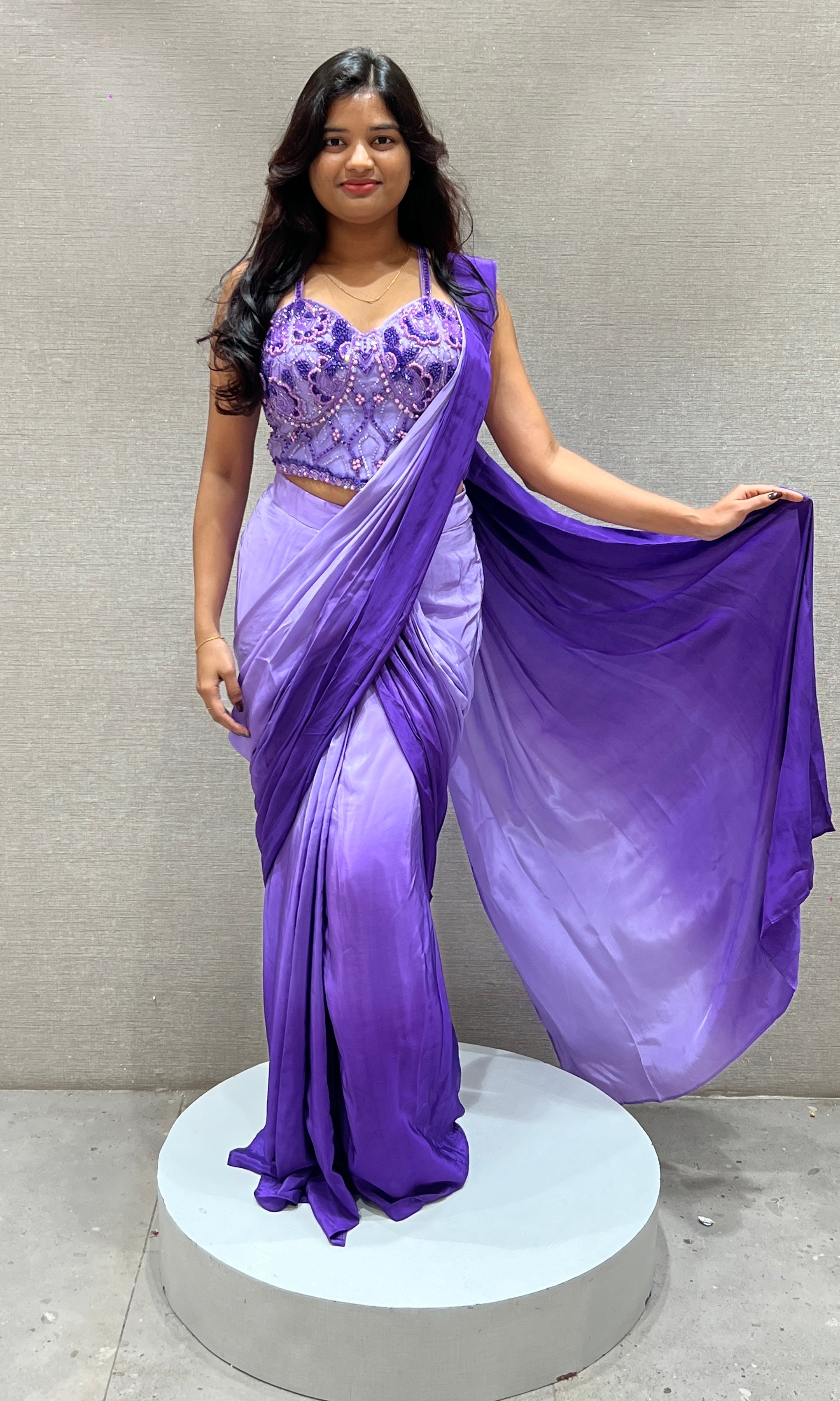 purple drape saree With Sweetheart Neck Blouse