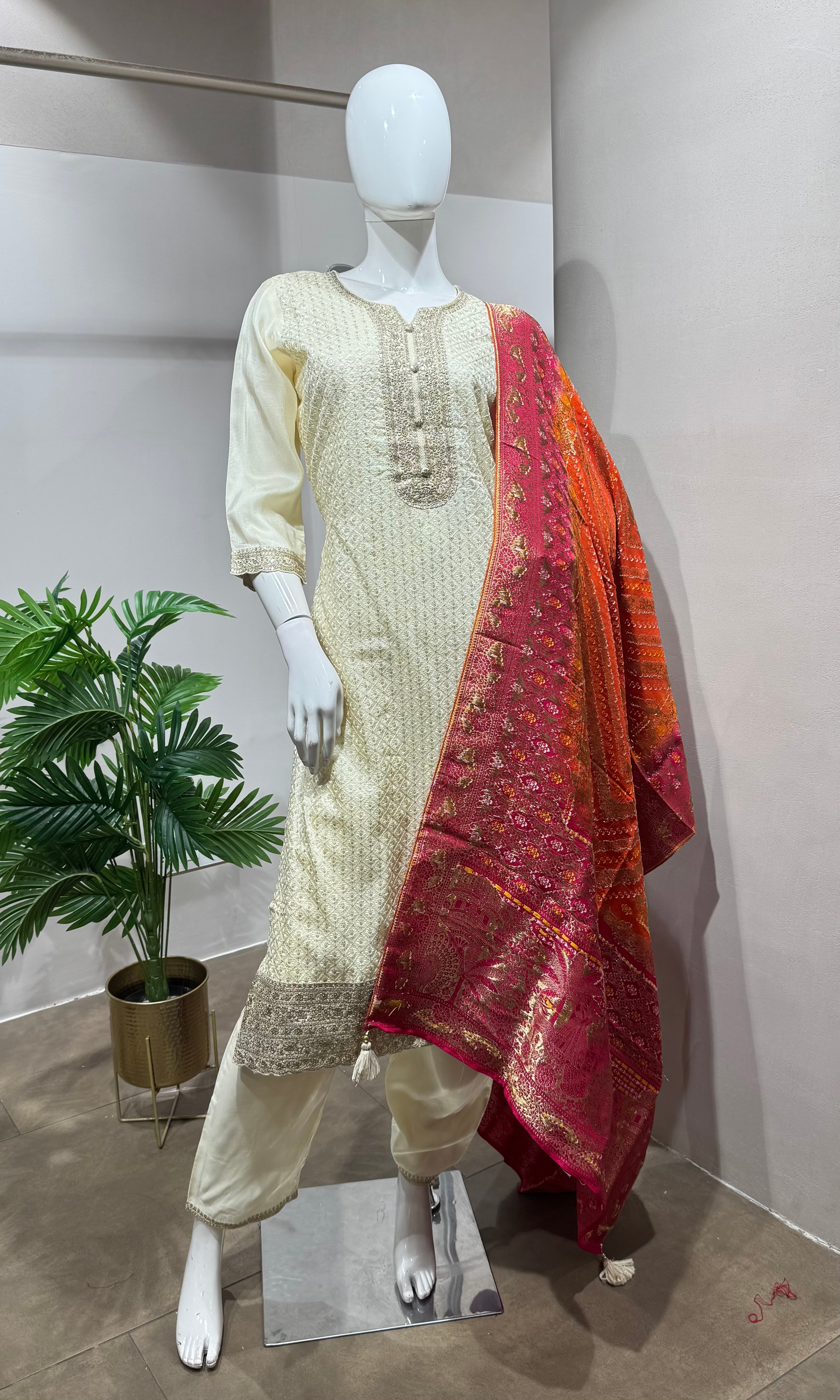 Ivory Libas Kurta Set with Banarasi Dupatta