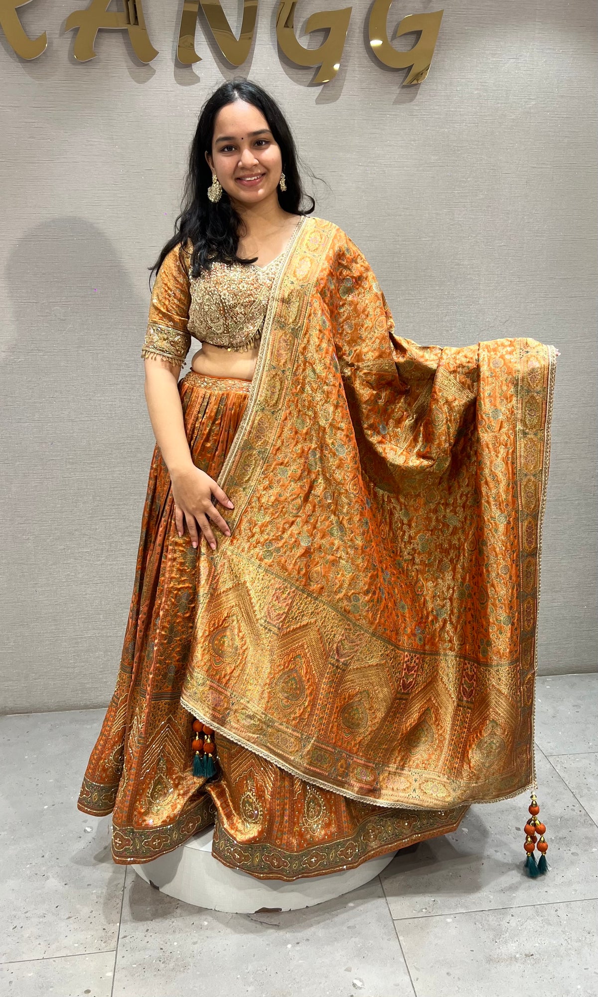 Rust Orange & Gold Embroidered Lehenga Set