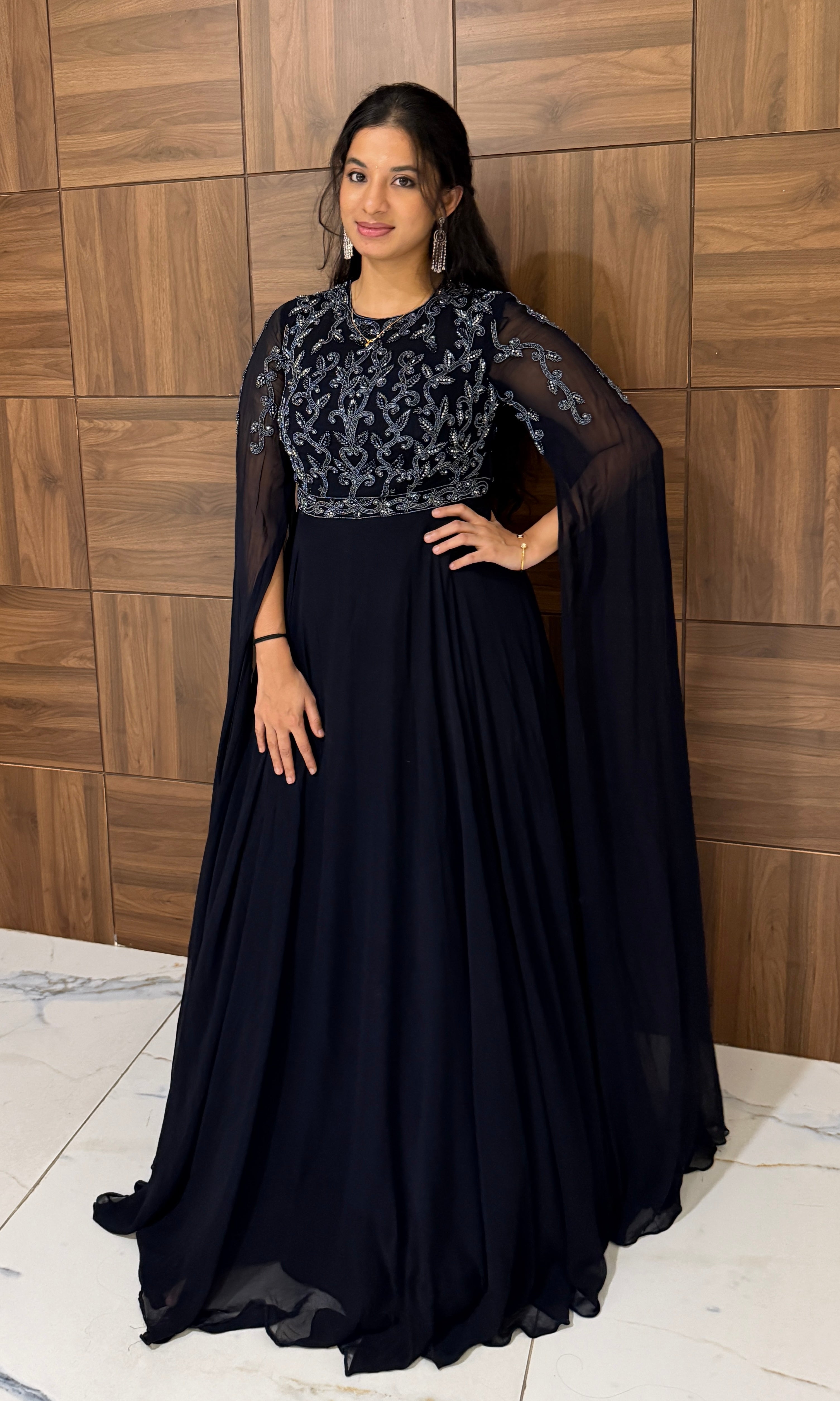 Blue gown with Rhine stones and long sleeves long dress