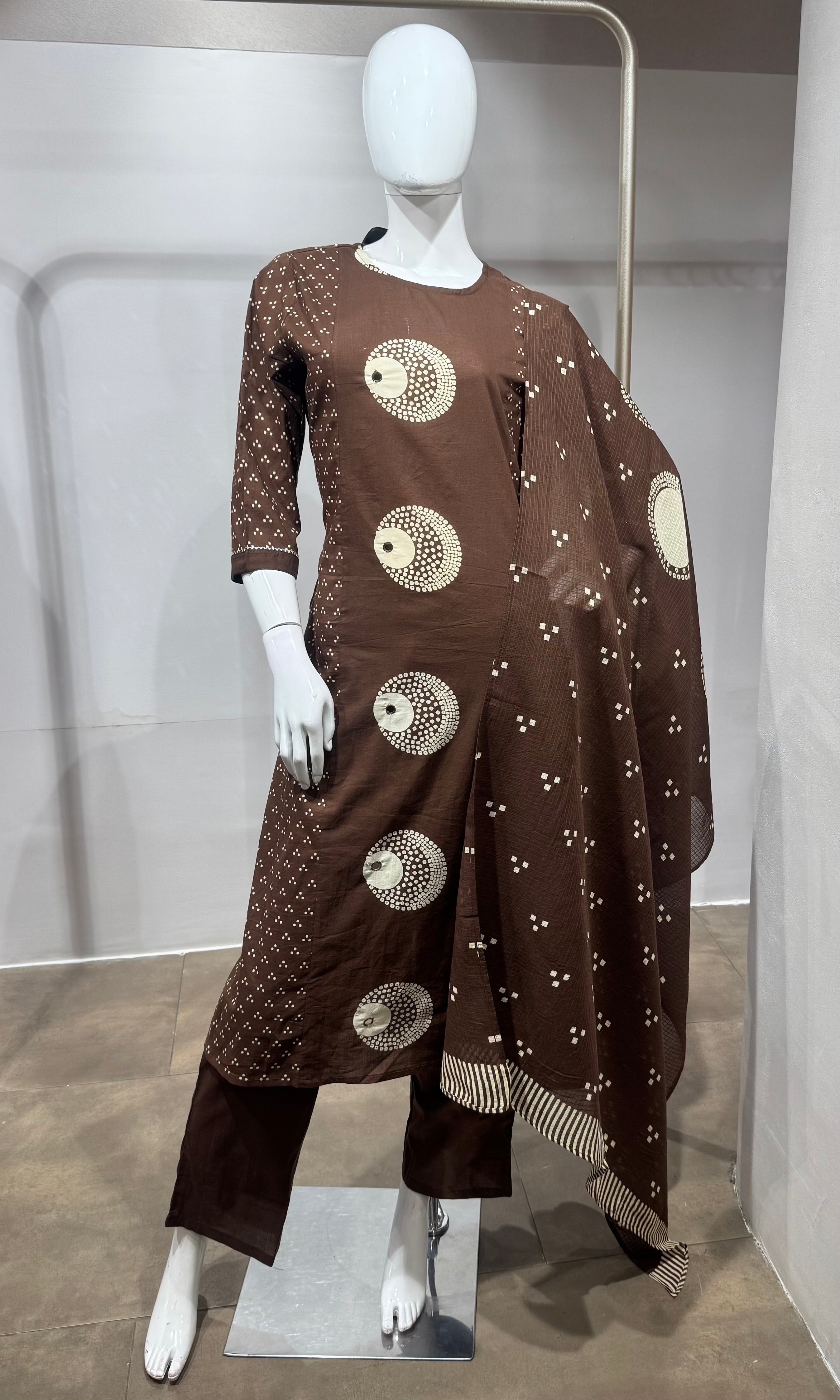 Brown Cotton Bandhani Straight KURTA SET